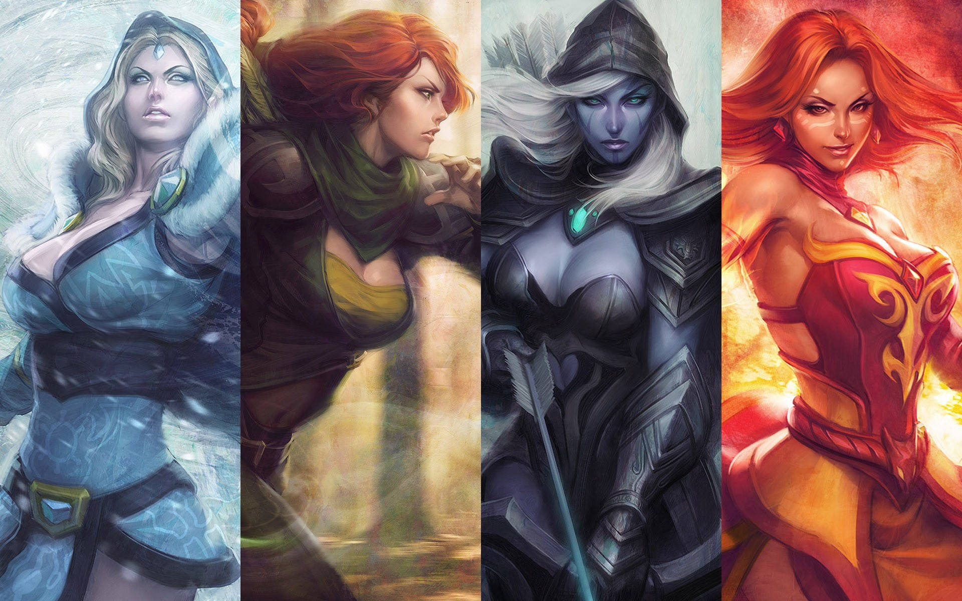 Dota 2 4K 桌布 壁紙 — 四位奇幻女主角以動態姿勢展現元素力量，配以鮮豔色彩和精細盔甲。