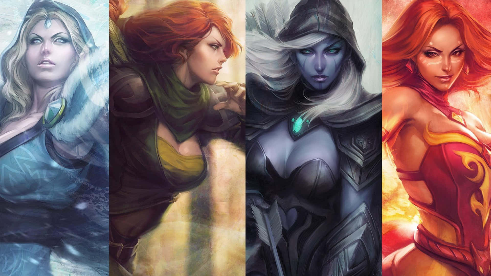 HD Dota 2 桌布 壁紙 — 四位奇幻女性穿著不同元素主題的服裝，並排站在充滿活力的數位藝術作品中。