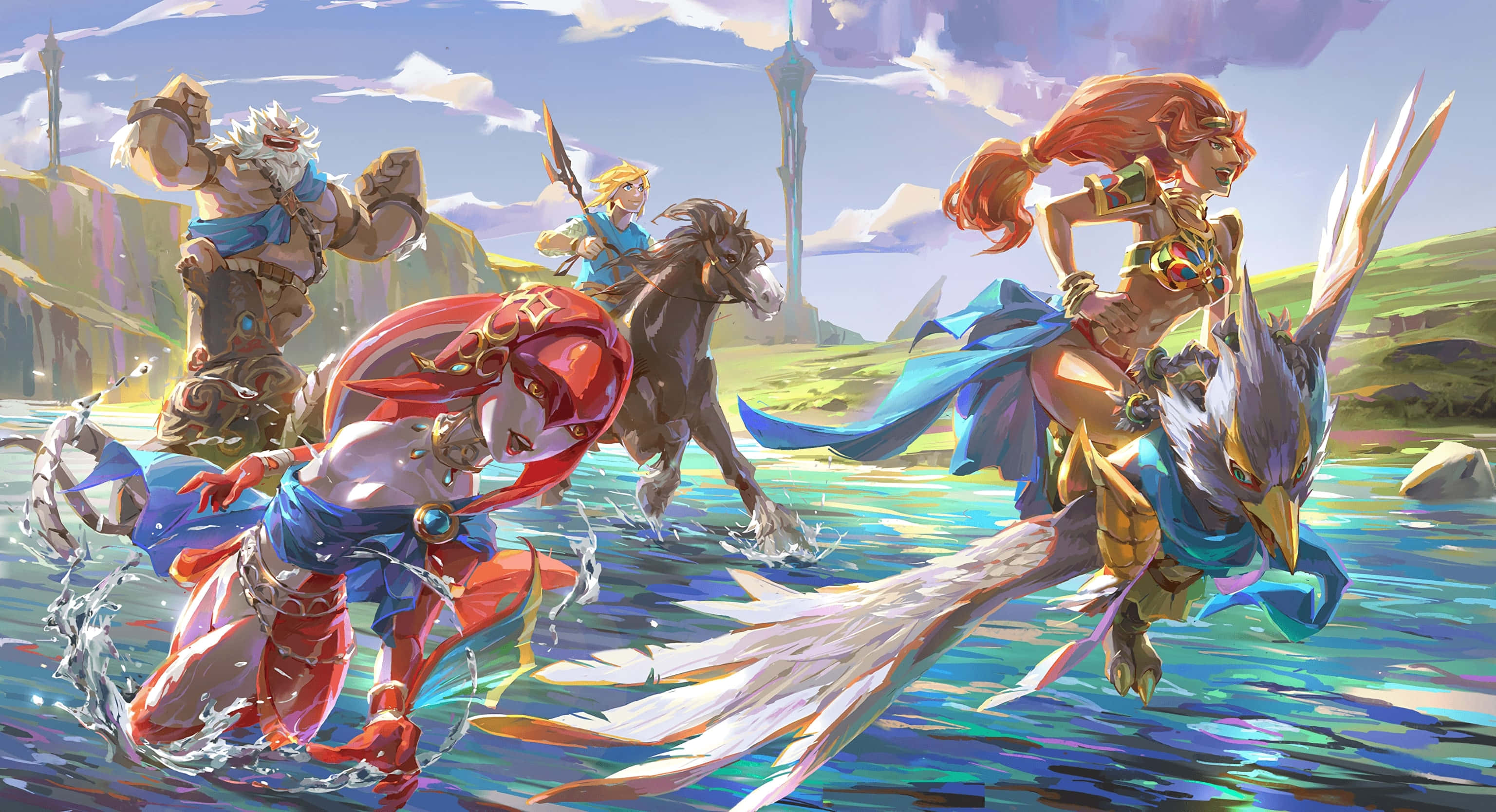 The Legend Of Zelda Urbosa 桌布 壁紙 — 四位奇幻戰士在明亮的天空下，衝過淺水，穿越充滿活力的景觀。