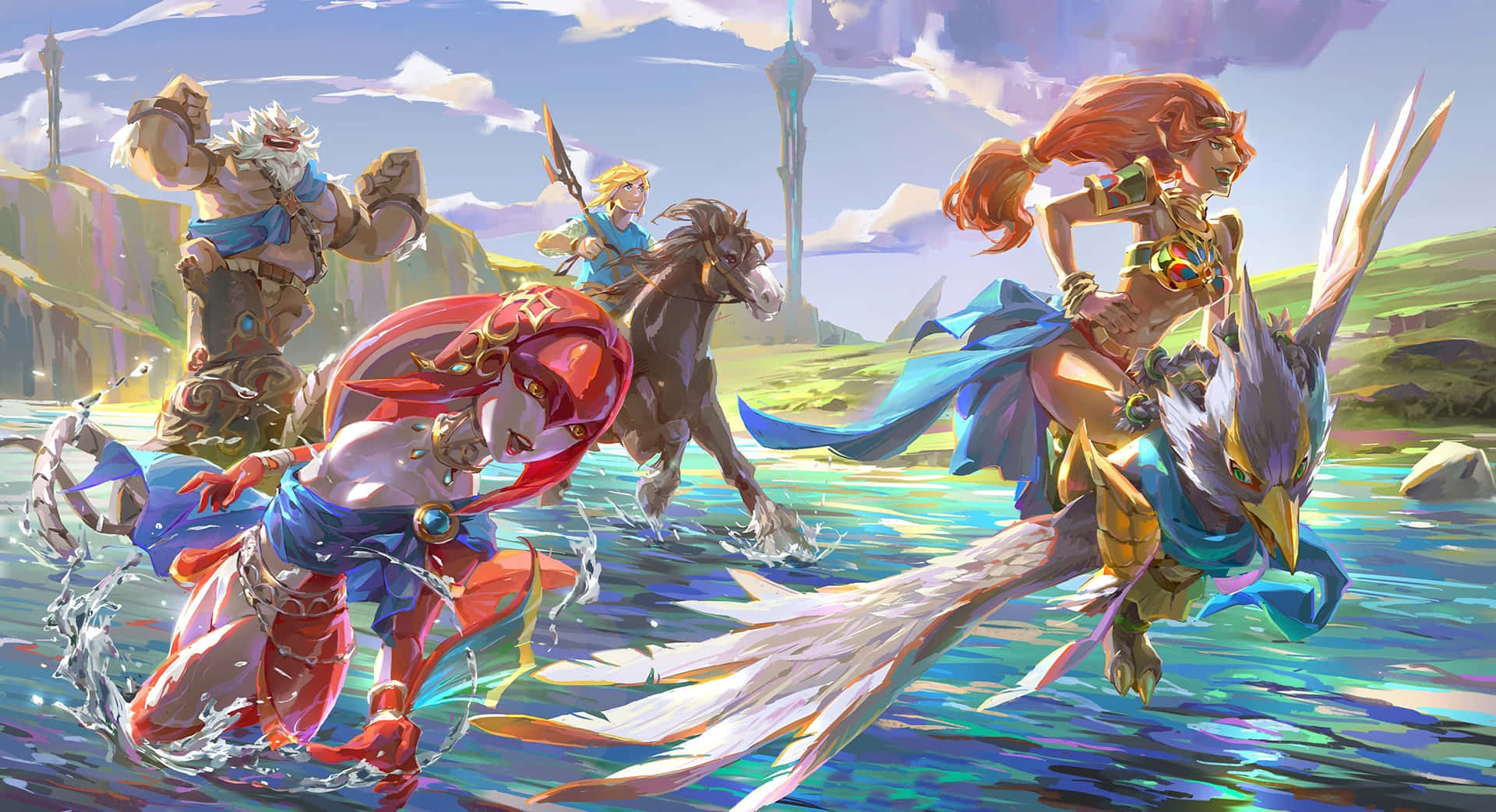 Botw 桌布 壁紙 — 四位奇幻戰士騎著神話野獸穿過水面，在明亮的天空下，遠處有塔樓。