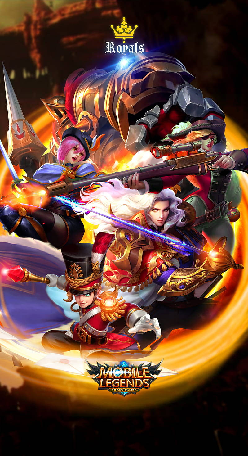 Mobile Legends 動態圖 桌布 壁紙 — 四位奇幻英雄身著華麗盔甲，手持發光武器，在熾熱的金色漩渦背景下戰鬥。