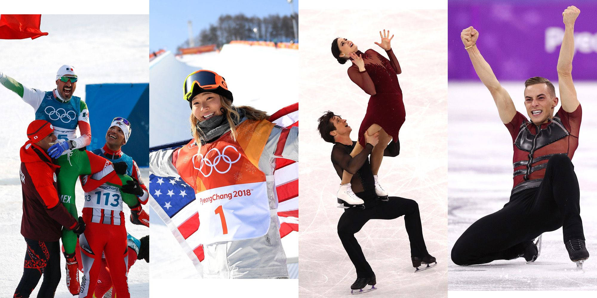 Winter Olympics 桌布 壁紙 — 四位奧運選手在雪地和冰上揮舞旗幟、佩戴獎牌，身穿鮮豔的冬季裝備，慶祝勝利。