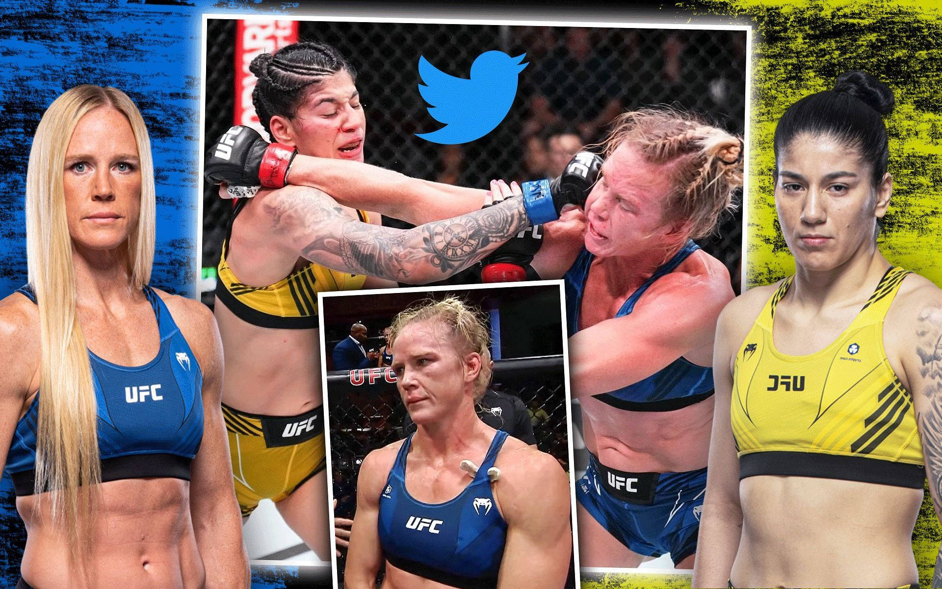 藍色 桌布 壁紙 — 四位女性UFC拳手擺姿勢，中央是兩位拳手在八角籠內纏鬥的動作鏡頭。