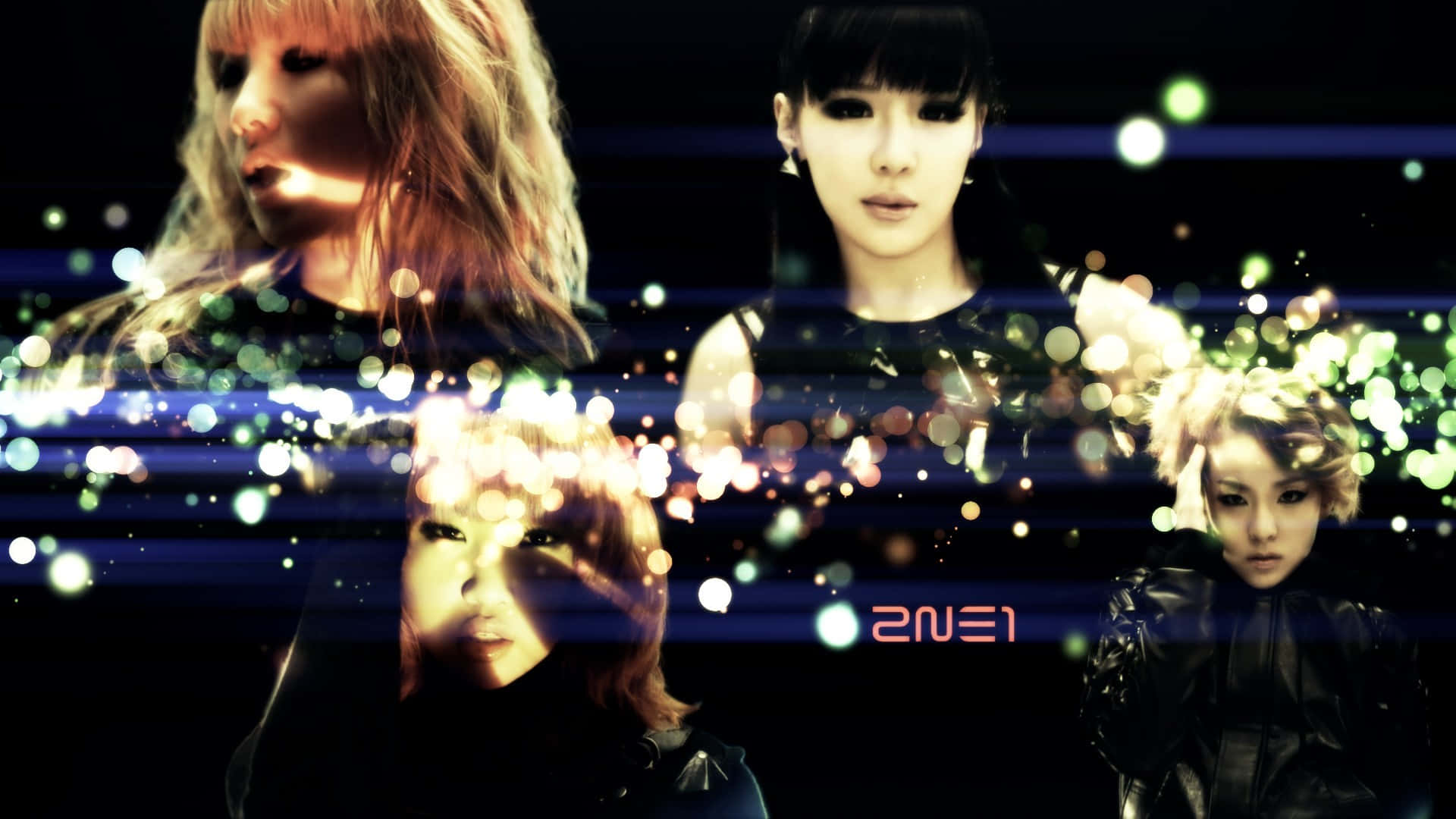 2NE1 桌布 壁紙 — 四位女性在黑暗背景中帶有發光的散景燈光和霓虹條紋。