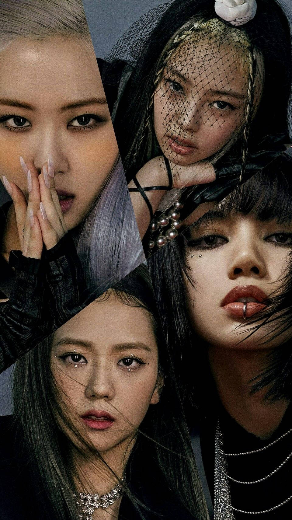 BLACKPINK 桌布 壁紙 — 四位妝容誇張、時尚前衛的女性，在深色調和搶眼配飾的碎片化肖像中強烈擺姿勢。