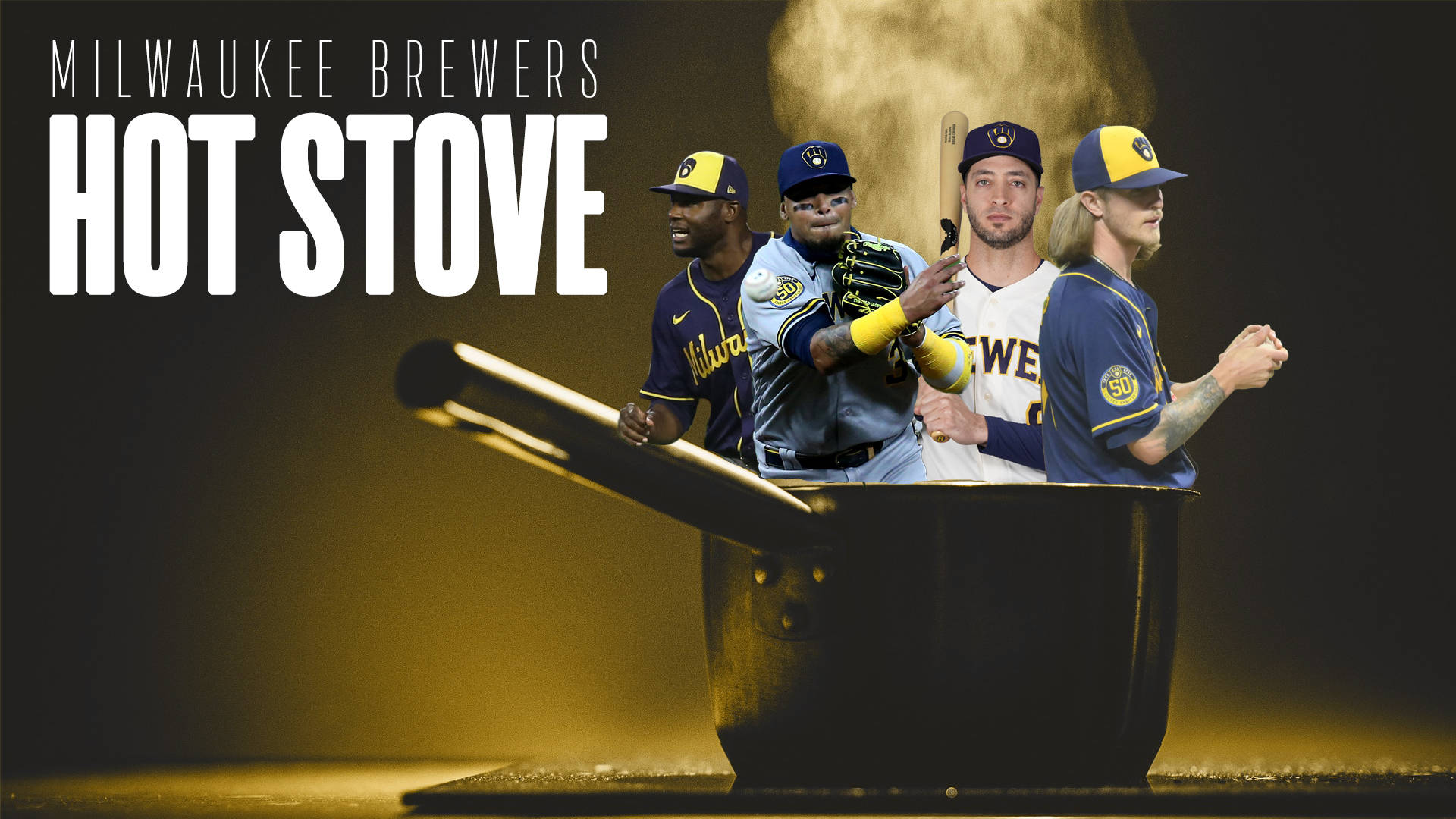 Brewers 桌布 壁紙 — 四位密爾瓦基釀酒人棒球球員從一個巨大的冒煙鍋中出現，上方有'Hot Stove'文字。