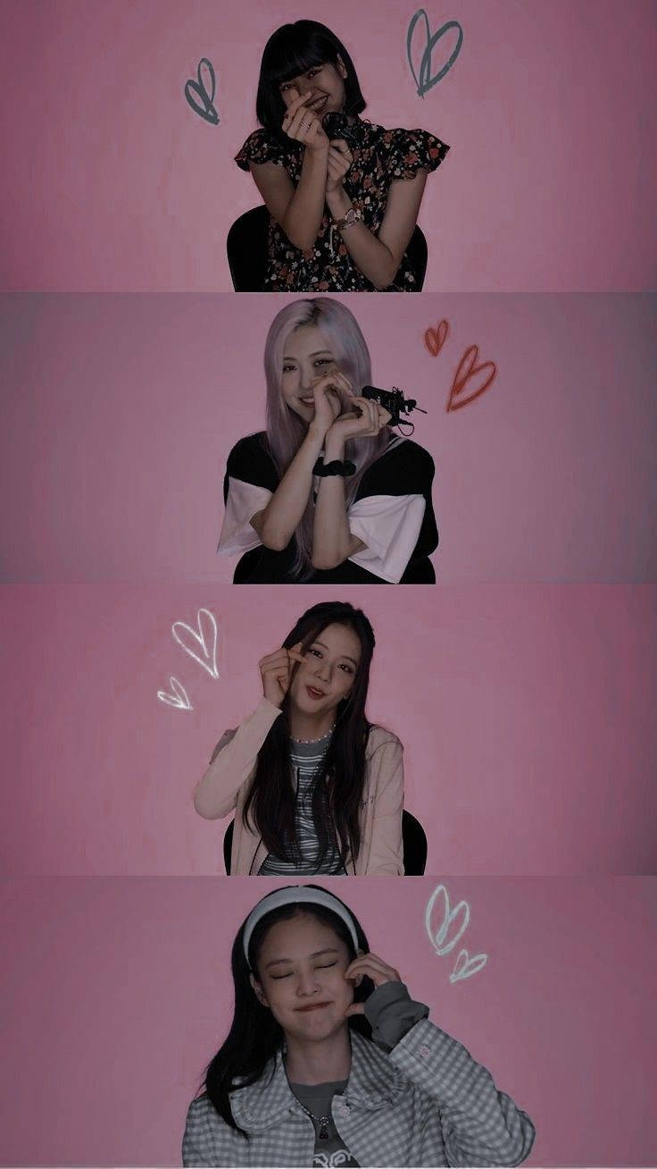 BLACKPINK 桌布 壁紙 — 四位年輕女性在粉紅色牆前擺出俏皮姿勢，周圍漂浮著心形塗鴉。