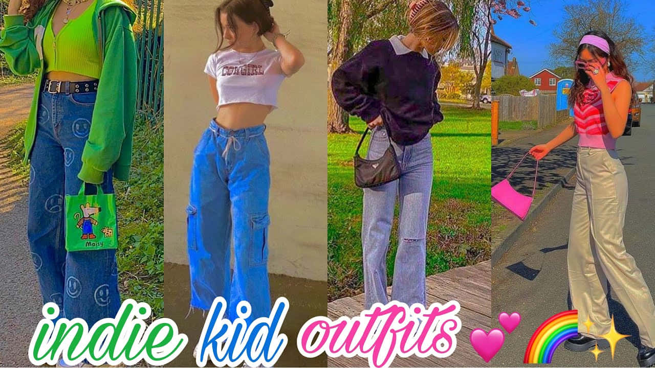 四位年輕女性穿著色彩繽紛的獨立街頭服飾在戶外擺姿勢。 — 獨立美學動圖 壁紙