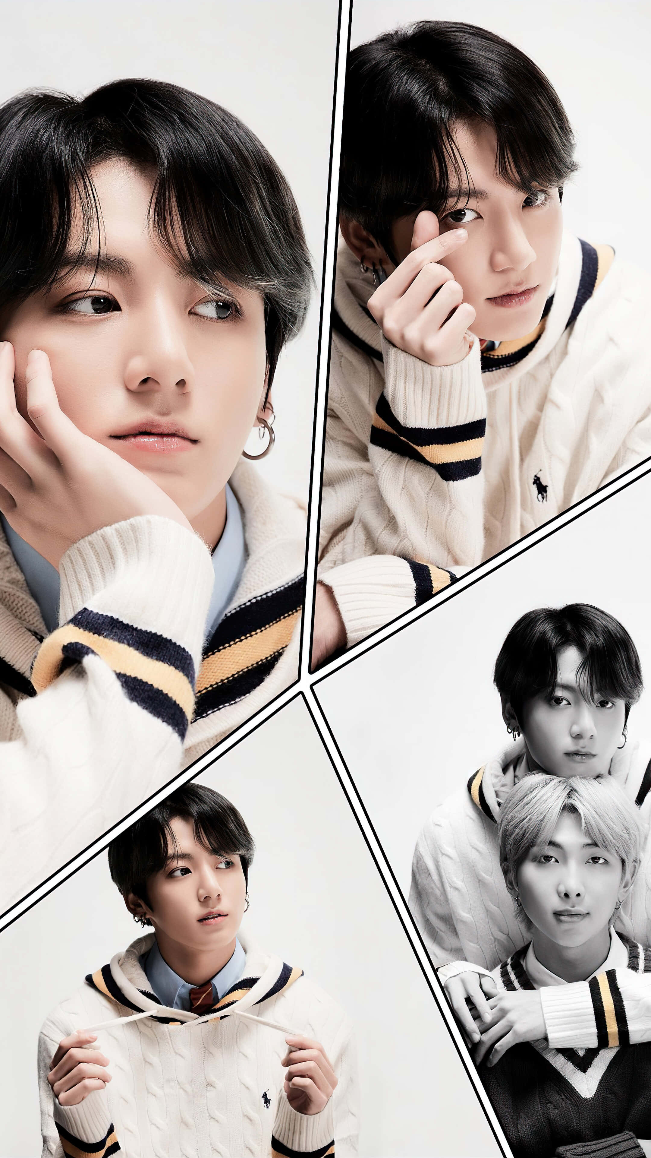 Jungkook 桌布 壁紙 — 四位年輕男士身穿相配的奶油色毛衣，在純白背景前以幾何拼貼姿勢擺拍。