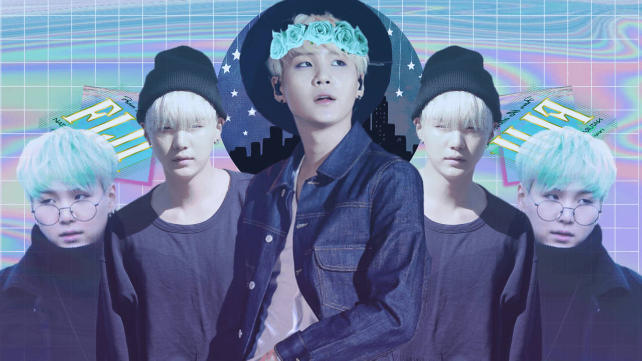 Suga Bts 桌布 壁紙 — 四位年輕男性，漂染頭髮，戴黑色毛帽，站在充滿霓虹色彩和城市景觀元素的鮮豔全息網格背景前。