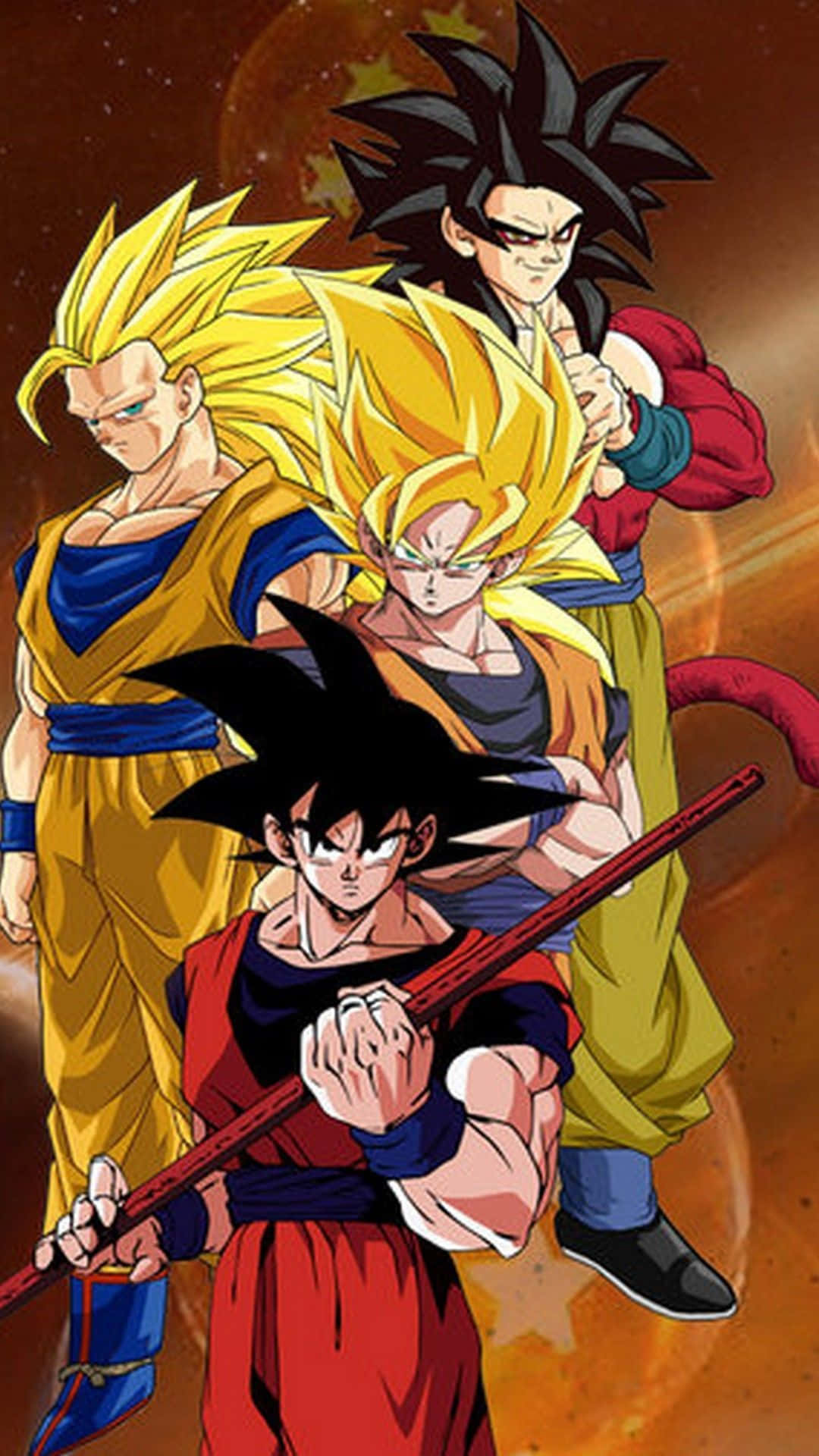 Goku Ssj4 桌布 壁紙 — 四位強大的超級賽亞人戰士以超級賽亞人形態，準備在熾熱的宇宙背景下戰鬥。