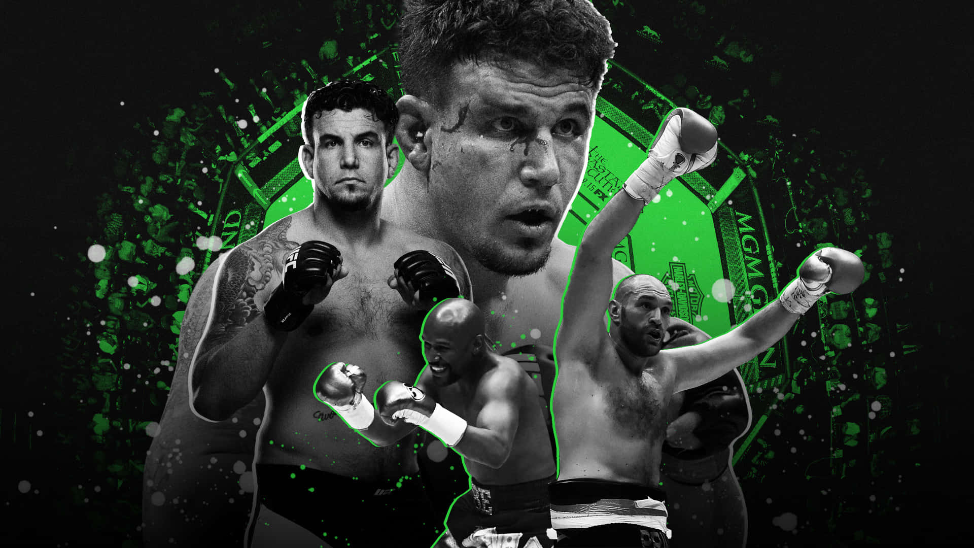MMA 桌布 壁紙 — 四位強烈的拳擊手以黑白風格呈現，帶有發光綠色點綴和粗糙的城市背景。