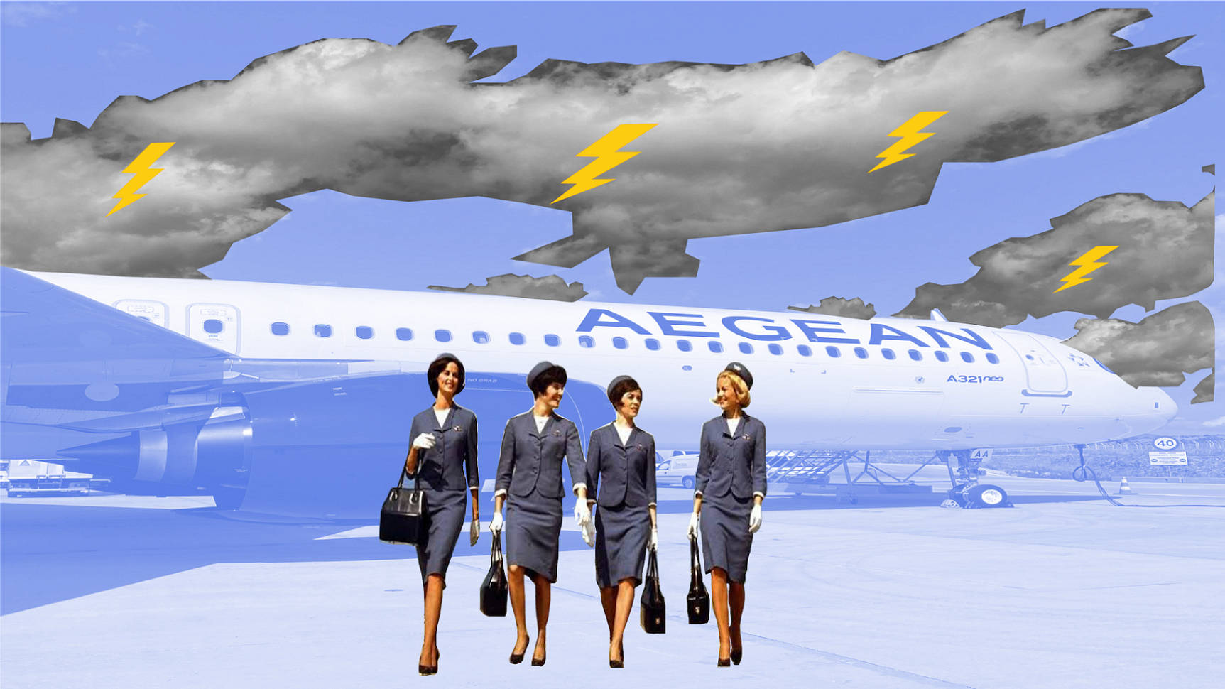 Plane 桌布 壁紙 — 四位復古航空公司空姐在雷電交加的暴風雨天空下，自信地走在愛琴海航空飛機前。