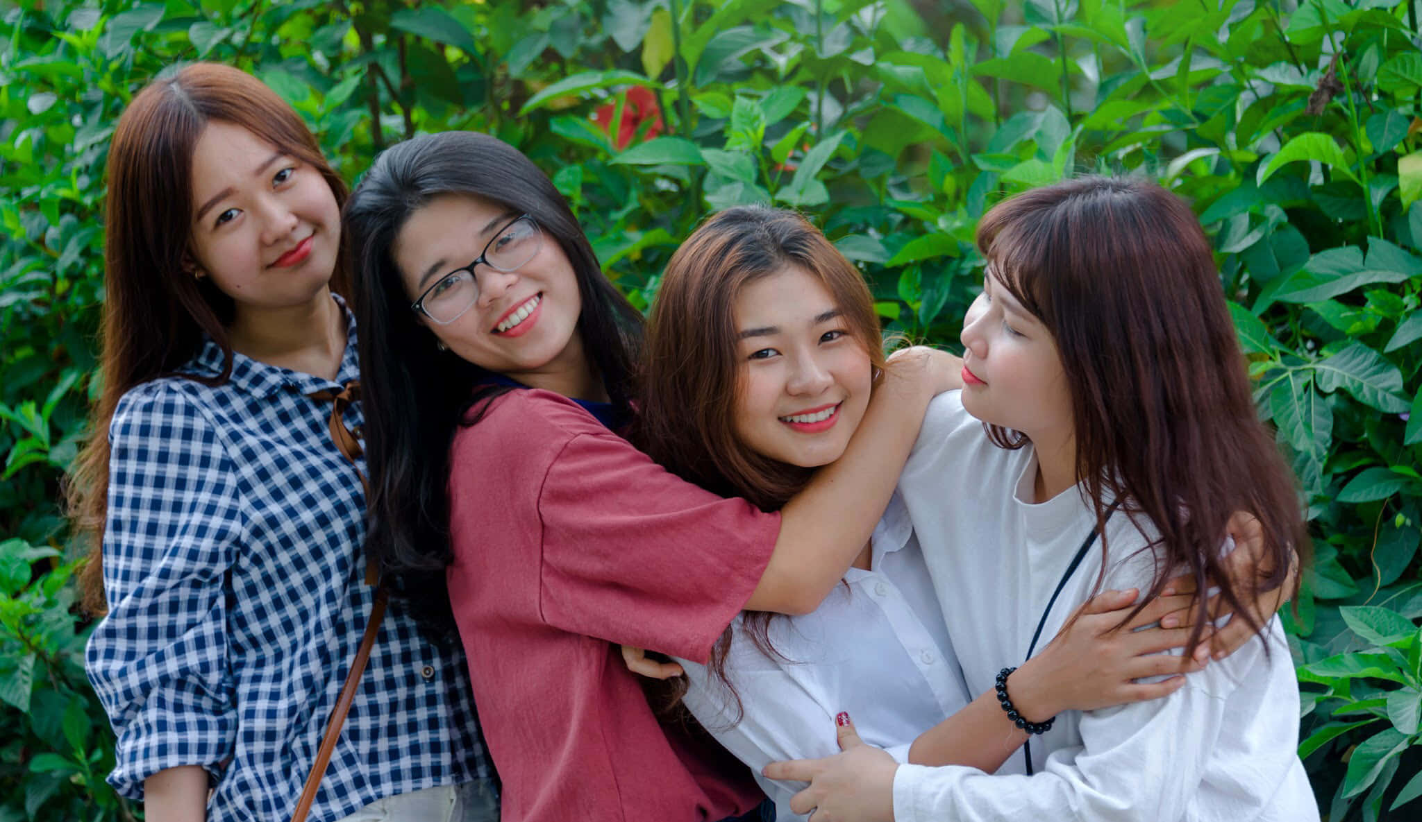 friend hug 桌布 壁紙 — 四位微笑的年輕女性在明亮的日光下，於茂密的綠色植物前熱情擁抱。
