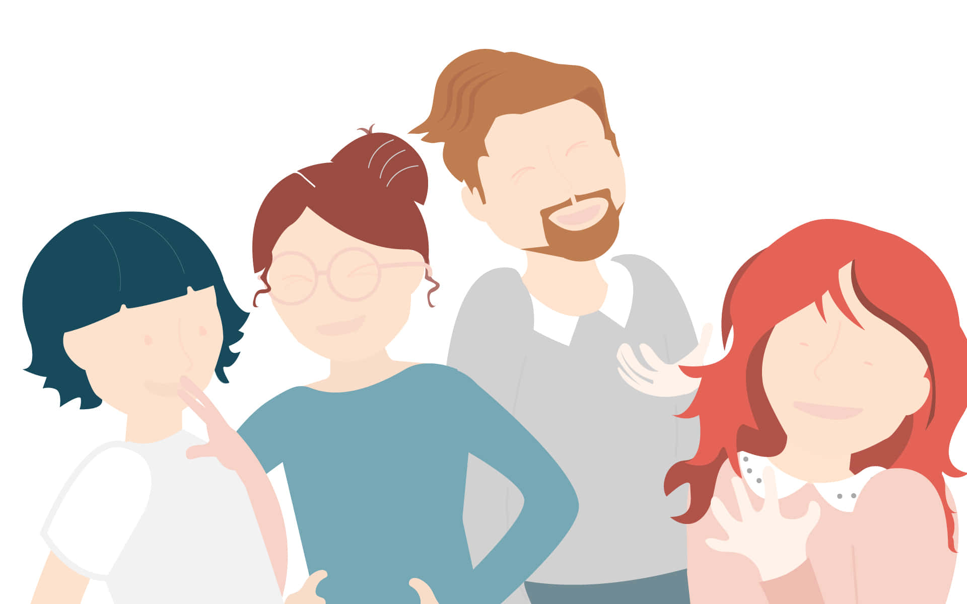 Emotions 桌布 壁紙 — 四位微笑的插畫朋友，擁有不同的髮色和服裝，在純白背景前開心地擺姿勢。