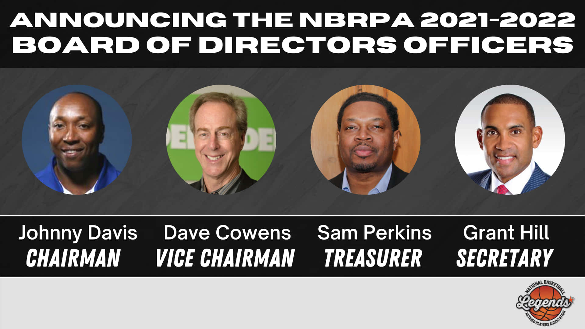 Celebrity 桌布 壁紙 — 四位微笑的籃球傳奇人物頭像正式宣佈為 NBRPA 2021-2022 董事會成員，背景為深色紋理。