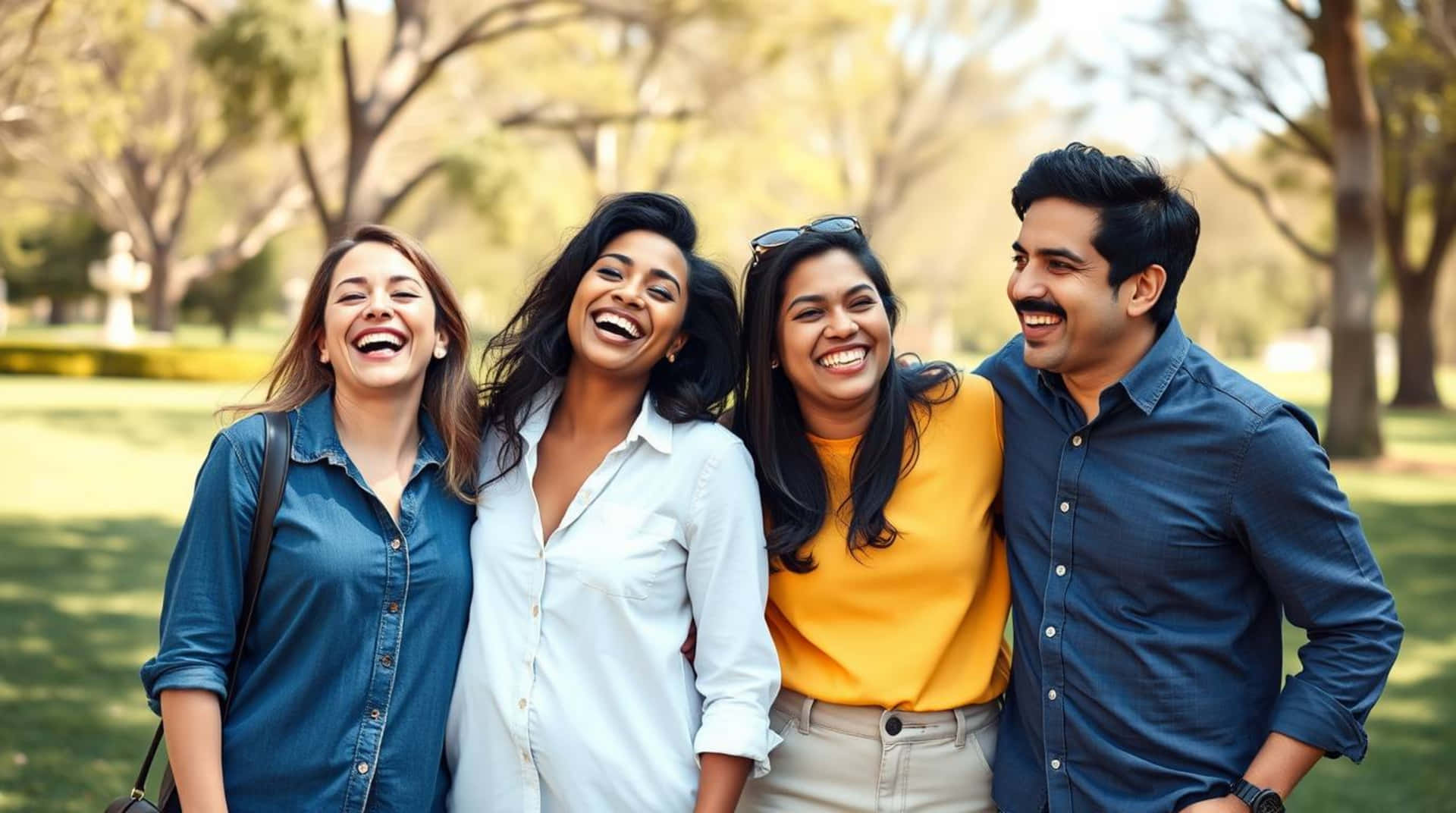 Joyful diverse friends laughing together outdoors on a sunny day, creating vibrant memories 壁紙 — 四位快樂的朋友在陽光明媚的公園裡一起大笑，身後有樹木和綠草。