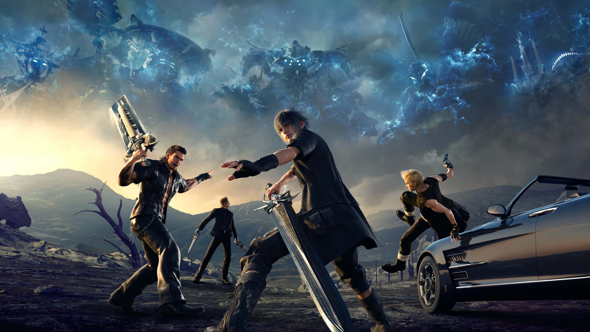 電玩遊戲 桌布 壁紙 — 四位戰士在荒蕪的荒地與巨大的藍色怪物戰鬥，夕陽西下，附近有一輛敞篷車。
