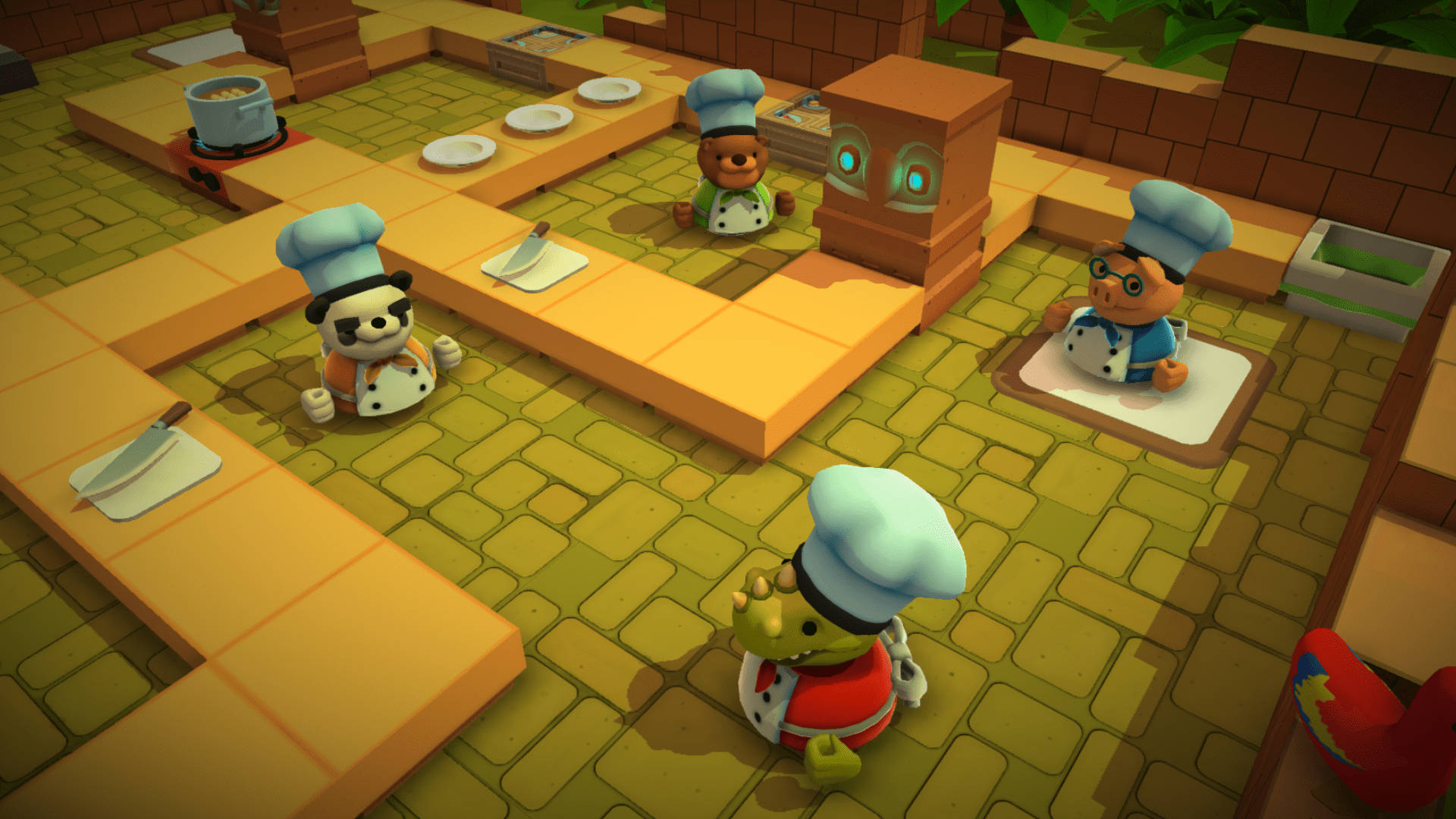 Overcooked 桌布 壁紙 — 四位戴著廚師帽的卡通廚師在一個有黃色瓷磚和磚牆的明亮廚房裡工作。