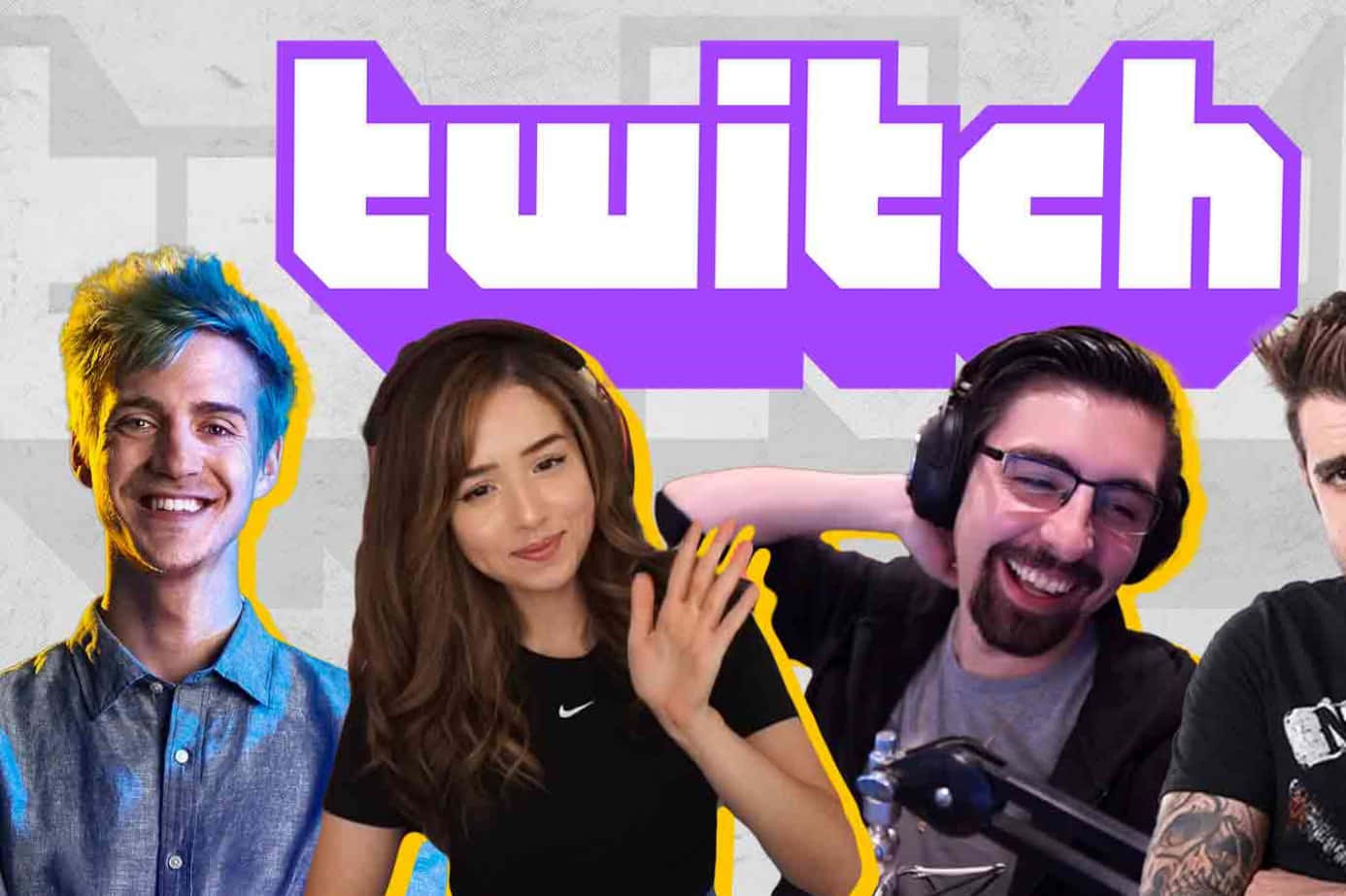 Twitch 桌布 壁紙 — 四位戴著耳機的微笑實況主在幾何背景上，於醒目的紫色Twitch標誌下擺姿勢。