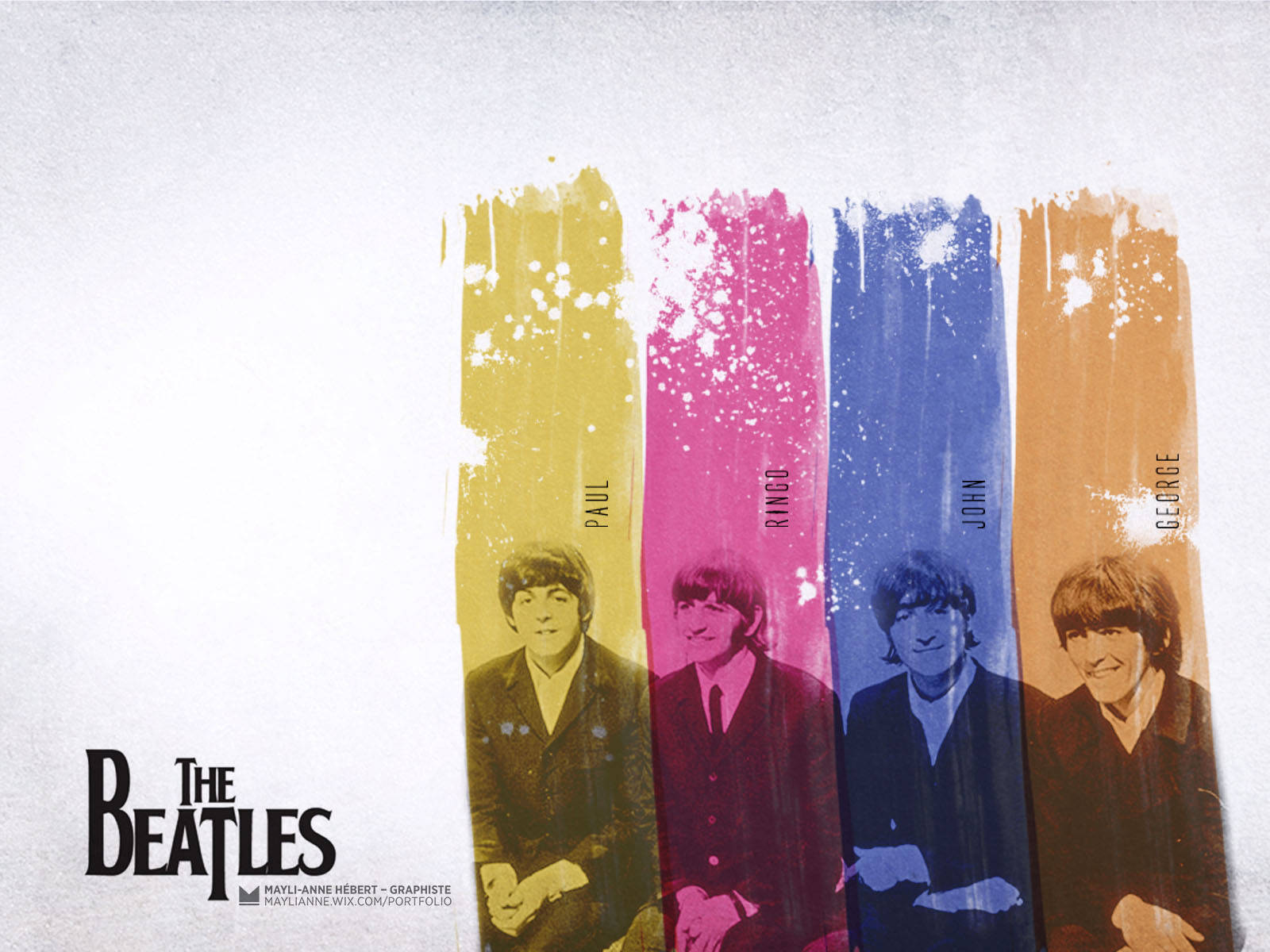 the beatles 桌布 壁紙 — 四位披頭四成員的黑白肖像，以鮮明的黃色、粉紅色、藍色和橙色油漆筆觸框在紋理白色背景上。