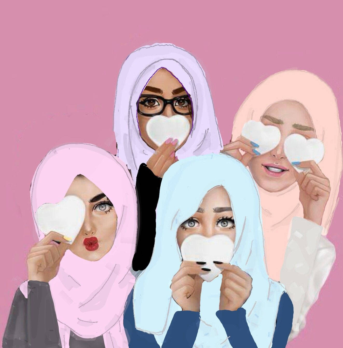 muslim 桌布 壁紙 — 四位插圖女性穿著色彩繽紛的頭巾，在柔和的粉紅色背景前，將白色心形剪紙放在眼睛上方。