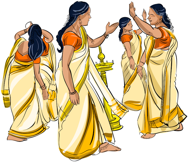 Onam 桌布 壁紙 — 四位插圖女性身穿米色和橙色紗麗，優雅地在金色油燈周圍表演傳統舞蹈。