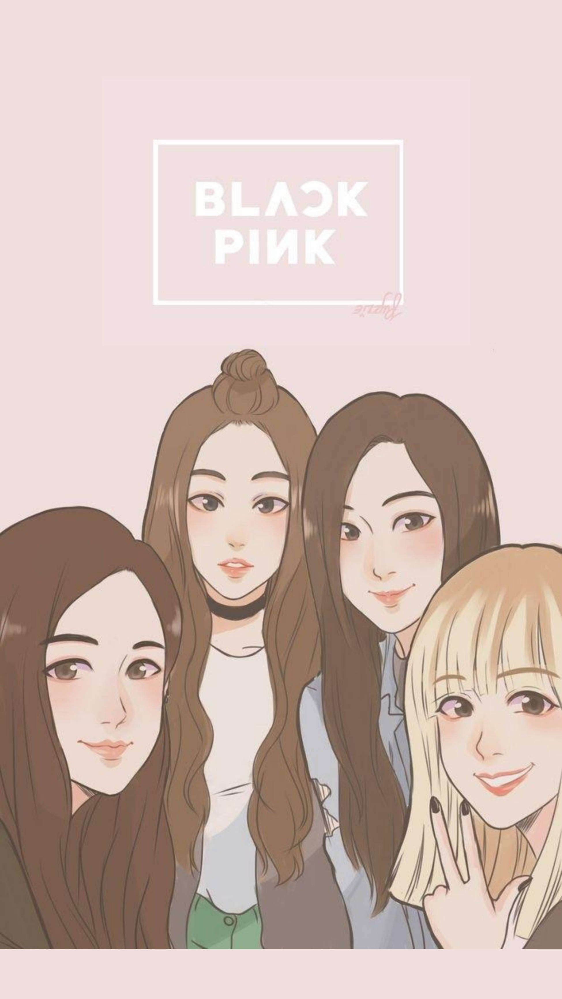 Kpop Aesthetic 桌布 壁紙 — 四位插畫風格的K-pop偶像在柔和粉紅色背景上溫暖微笑，上方有'BLACK PINK'文字。
