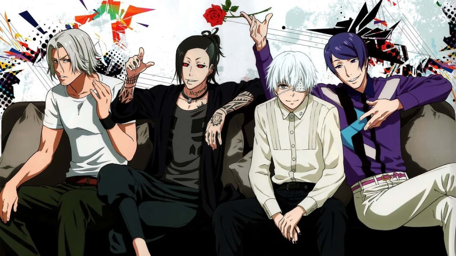 Shuu Tsukiyama 桌布 壁紙 — 四位擁有不同髮型和刺青的動漫男性，在帶有紅玫瑰的塗鴉風格背景前自信地坐在沙發上擺姿勢。