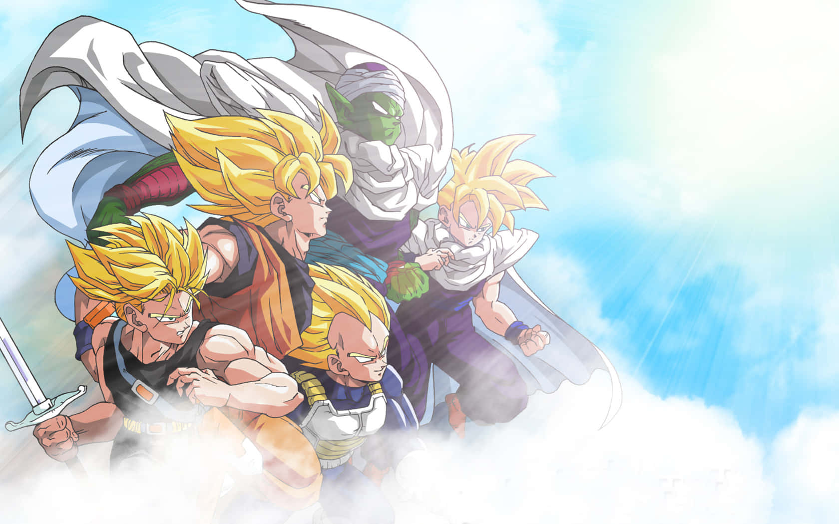 Dbz 桌布 壁紙 — 四位擁有尖刺頭髮和披風的強大動漫戰士，在明亮的藍天中翱翔，飛越蓬鬆的白雲。