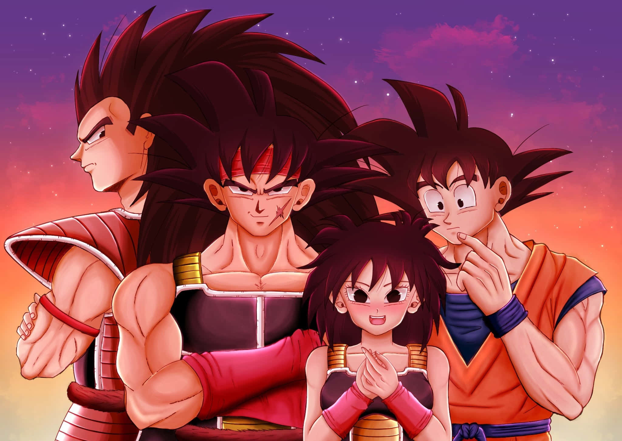 Raditz 桌布 壁紙 — 四位擁有尖刺頭髮的動漫戰士，在繁星點點的暮色天空下英勇站立。