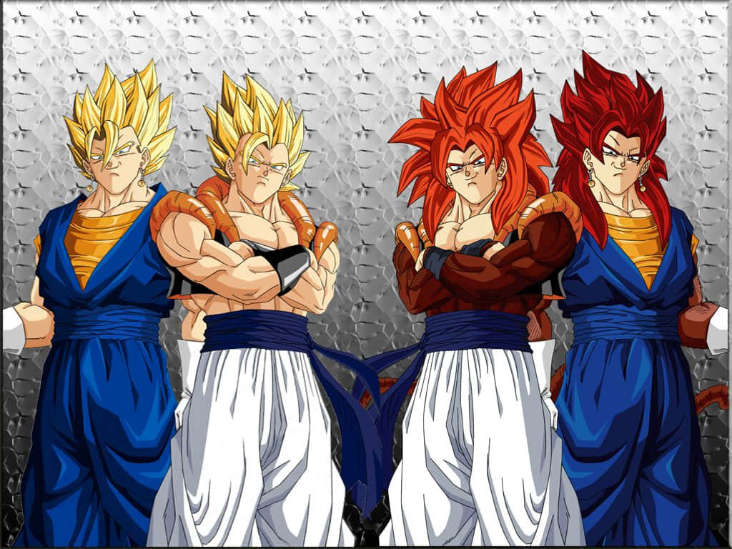Gogeta And Vegito 桌布 壁紙 — 四位擁有尖刺頭髮的強大動漫戰士，一字排開靠著金屬牆壁，雙臂交叉擺出兇猛姿勢。