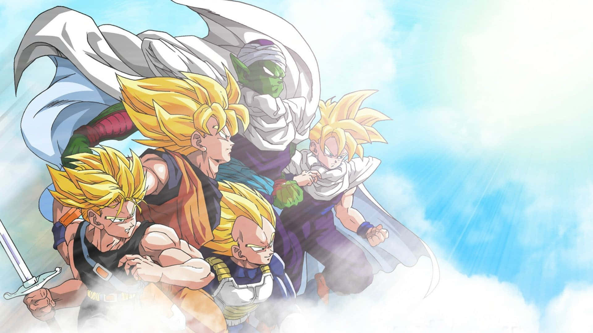 Dragon Ball Z Trunks 桌布 壁紙 — 四位擁有尖刺頭髮的強大動漫戰士在明亮的藍天中翱翔，伴隨著白雲和動態的運動線條。
