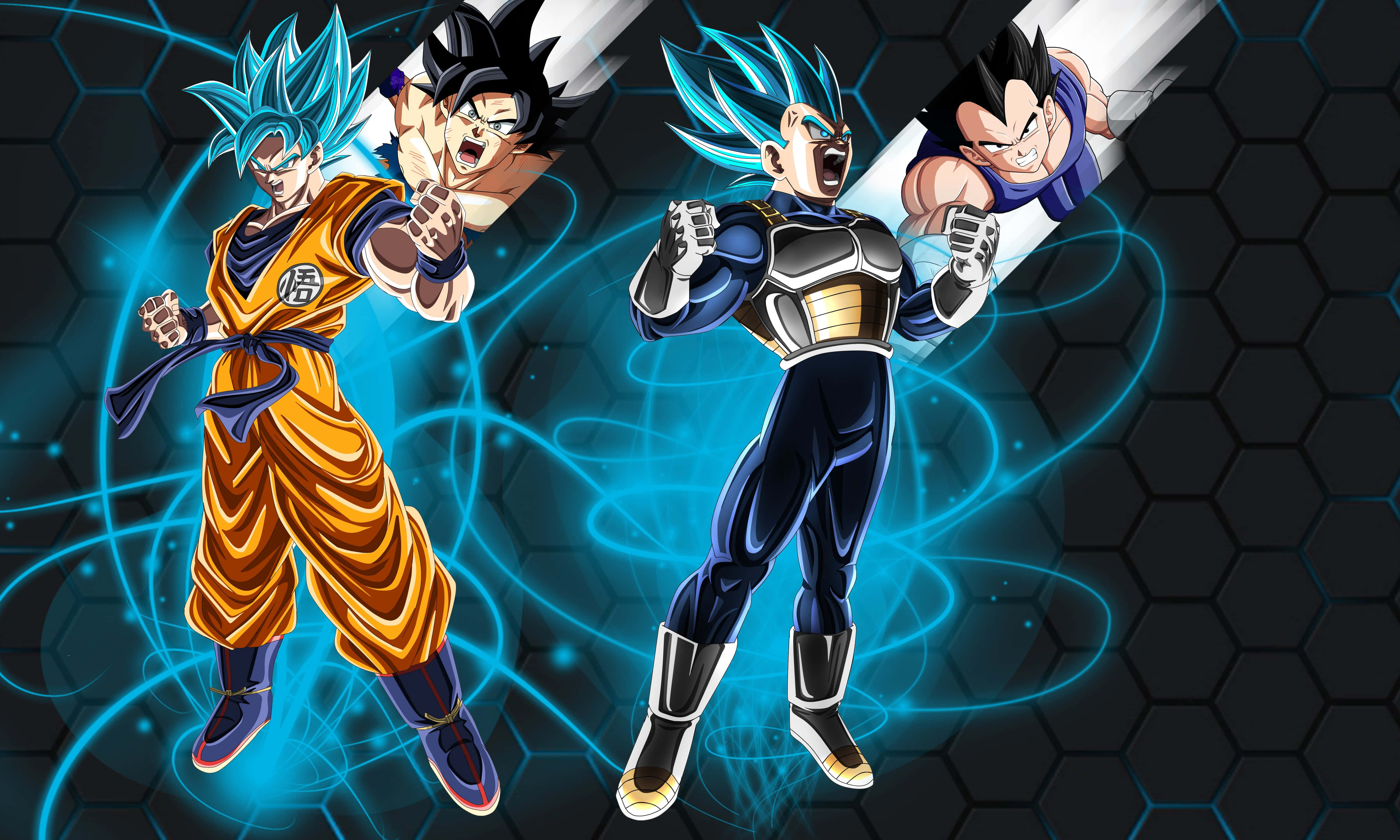 Goku And Vegeta 桌布 壁紙 — 四位擁有藍色頭髮和發光能量的強大動漫戰士衝破黑暗的六邊形背景。