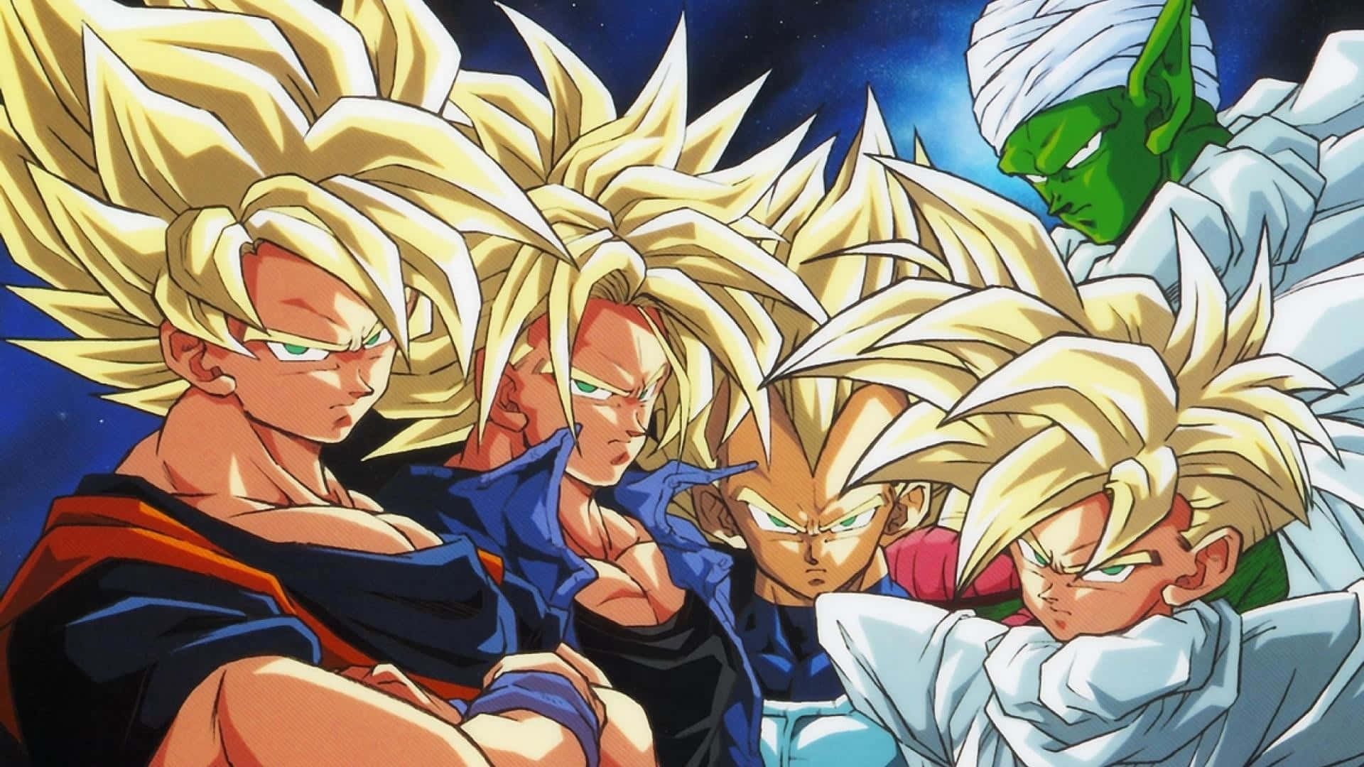 Dragon Ball Z Trunks 桌布 壁紙 — 四位擁有金色尖刺頭髮和強烈表情的賽亞人戰士，準備在星空下戰鬥。