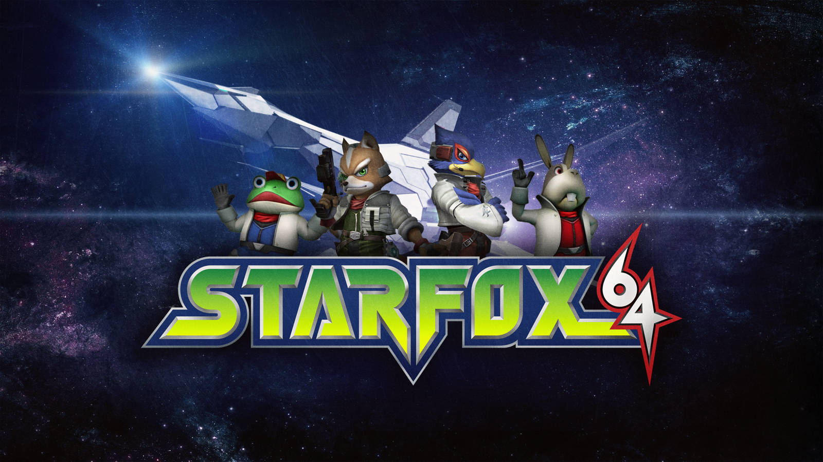 Star Fox 桌布 壁紙 — 四位擬人化動物英雄站在星艦前，背景是充滿活力的宇宙，下方有發光的 Star Fox 64 標誌。