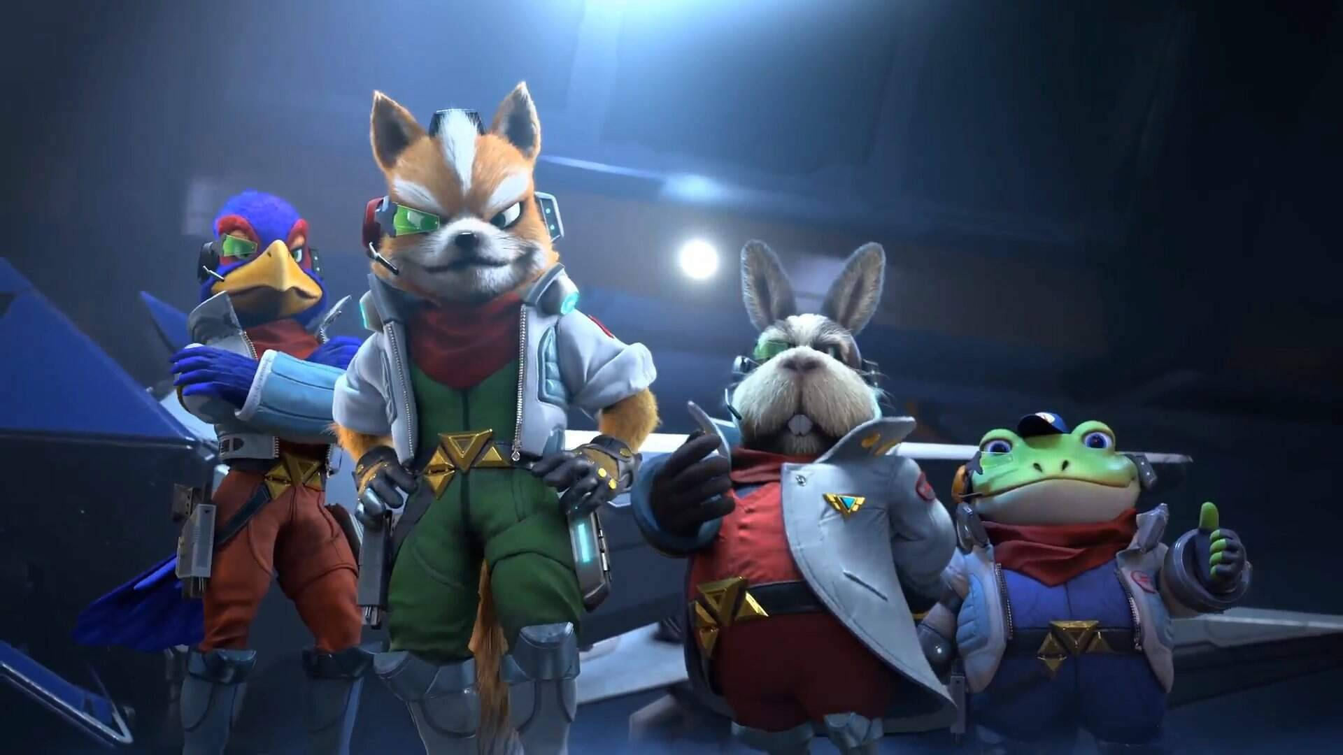 Star Fox 桌布 壁紙 — 四位擬人化動物英雄身穿未來裝備，在明亮的舞台燈光下自信站立。