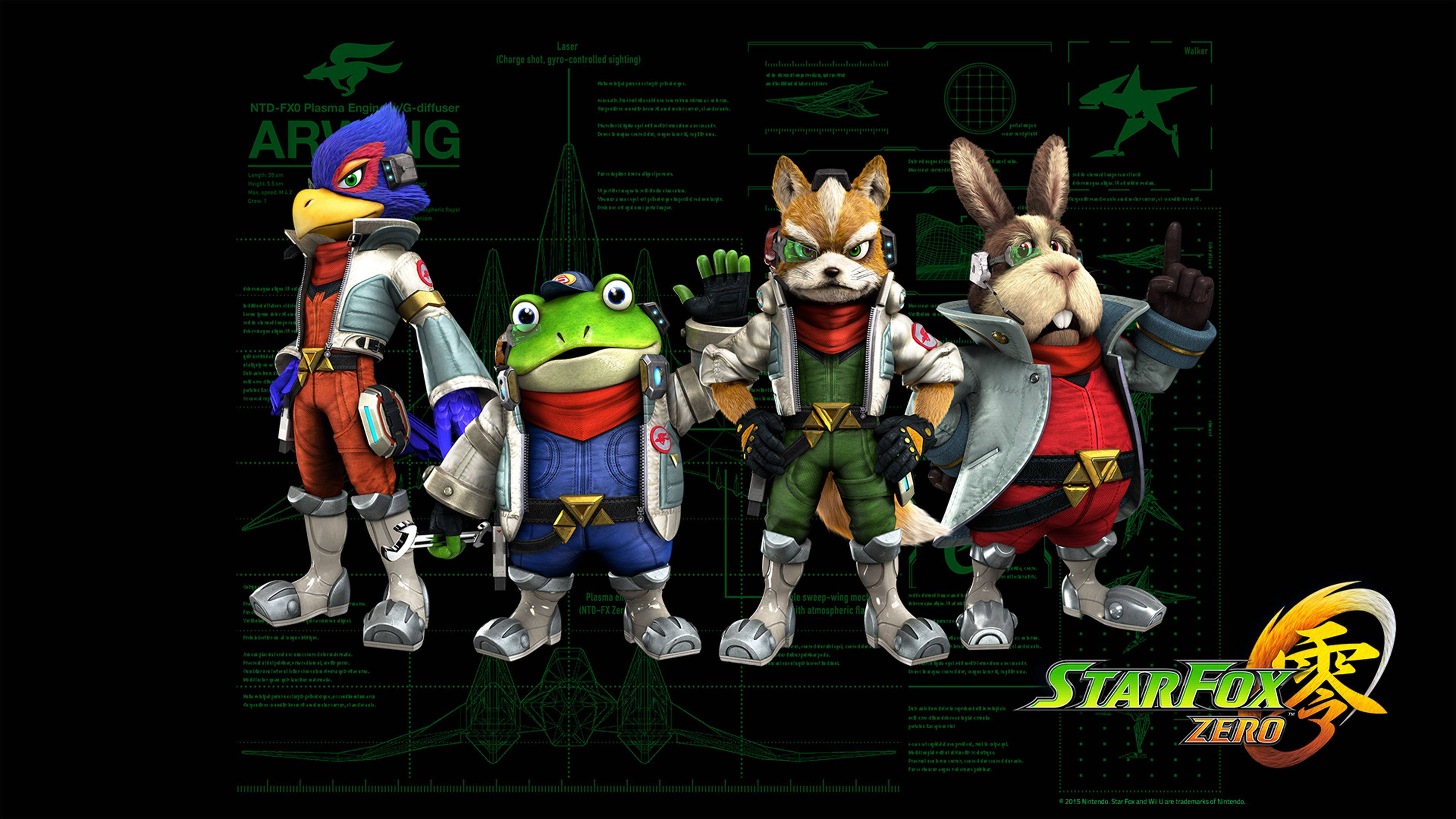 Star Fox 桌布 壁紙 — 四位擬人化動物飛行員穿著未來裝備，自信地站在綠色科技介面背景前。