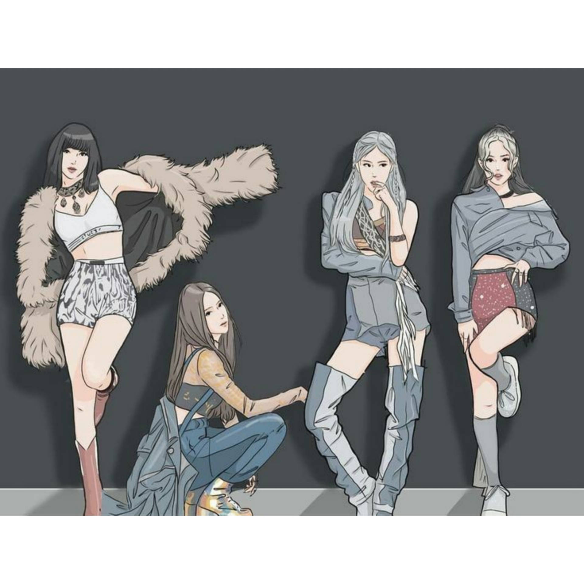 四位動漫女孩穿著時尚服裝在灰色牆壁前擺姿勢。 — Blackpink 動畫 GIF 壁紙