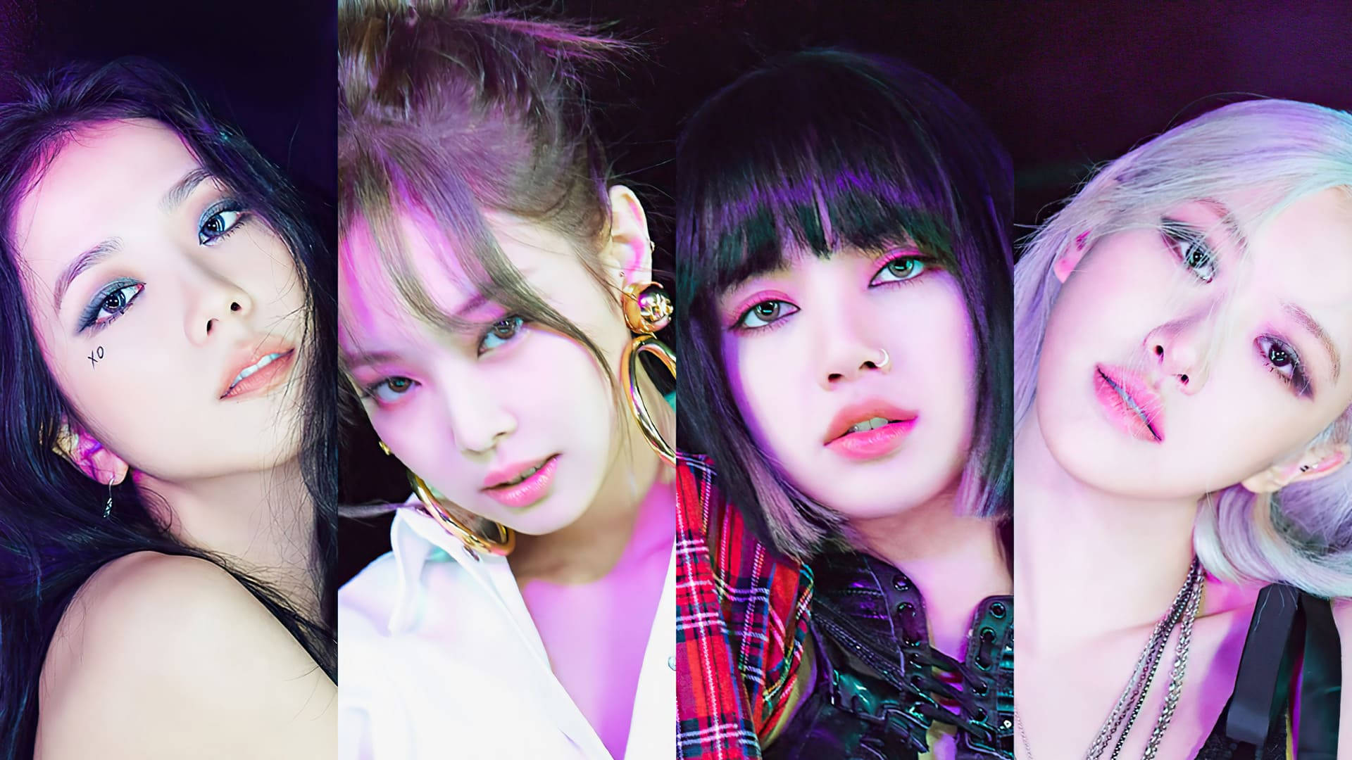 BLACKPINK 桌布 壁紙 — 四位時尚女性，妝容大膽，霓虹燈光鮮豔，在華麗的攝影棚肖像中擺姿勢。