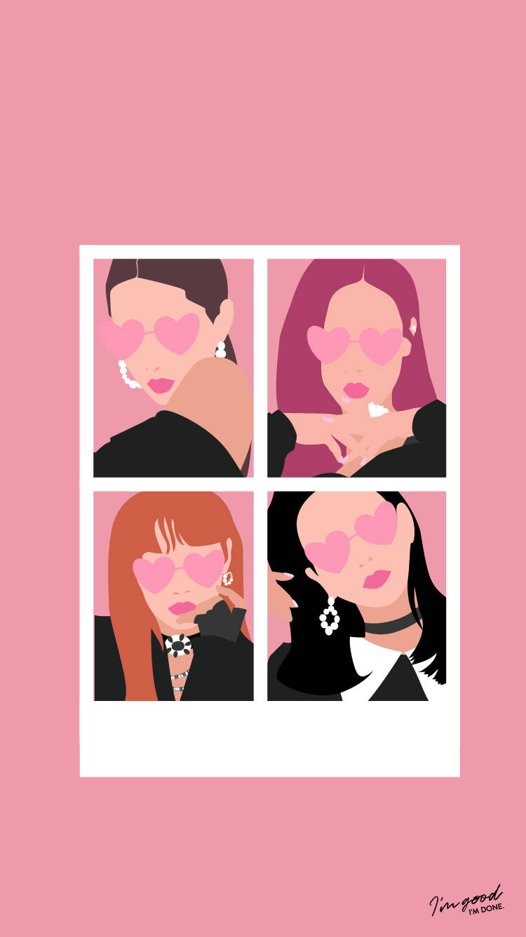 四位插圖女性戴著心形太陽眼鏡，在粉紅色照片網格中。 — Blackpink 動畫 GIF 壁紙