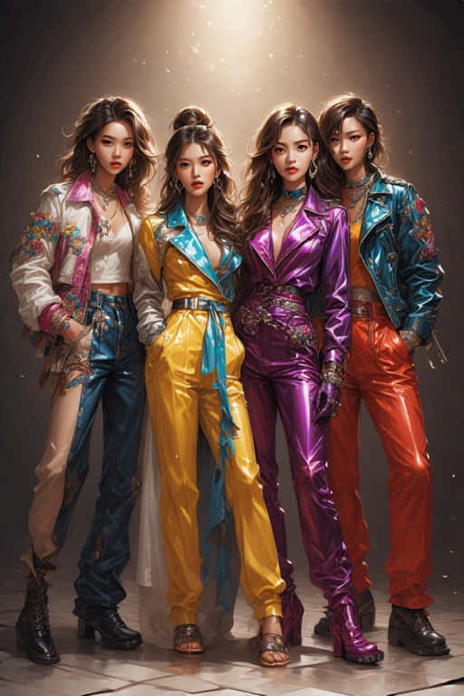 四位女性穿著閃亮多彩的服裝在攝影棚聚光燈下擺姿勢 — 時尚 壁紙