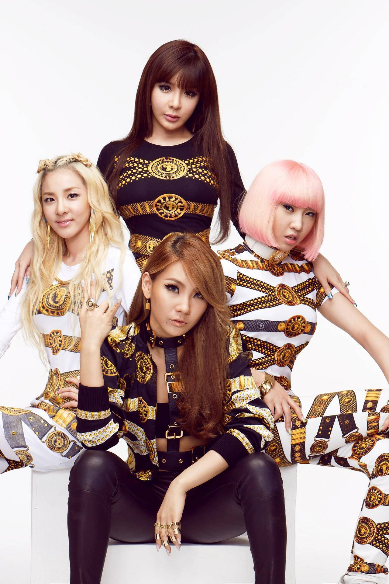2ne1 桌布 壁紙 — 四位時尚女性身穿大膽的金色和黑色圖案服裝，在純白背景前自信地擺姿勢。