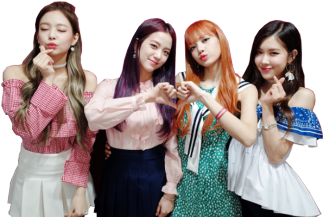 BLACKPINK 桌布 壁紙 — 四位時尚年輕女性在黑色背景前穿著色彩繽紛的服裝一起擺出心形手勢。