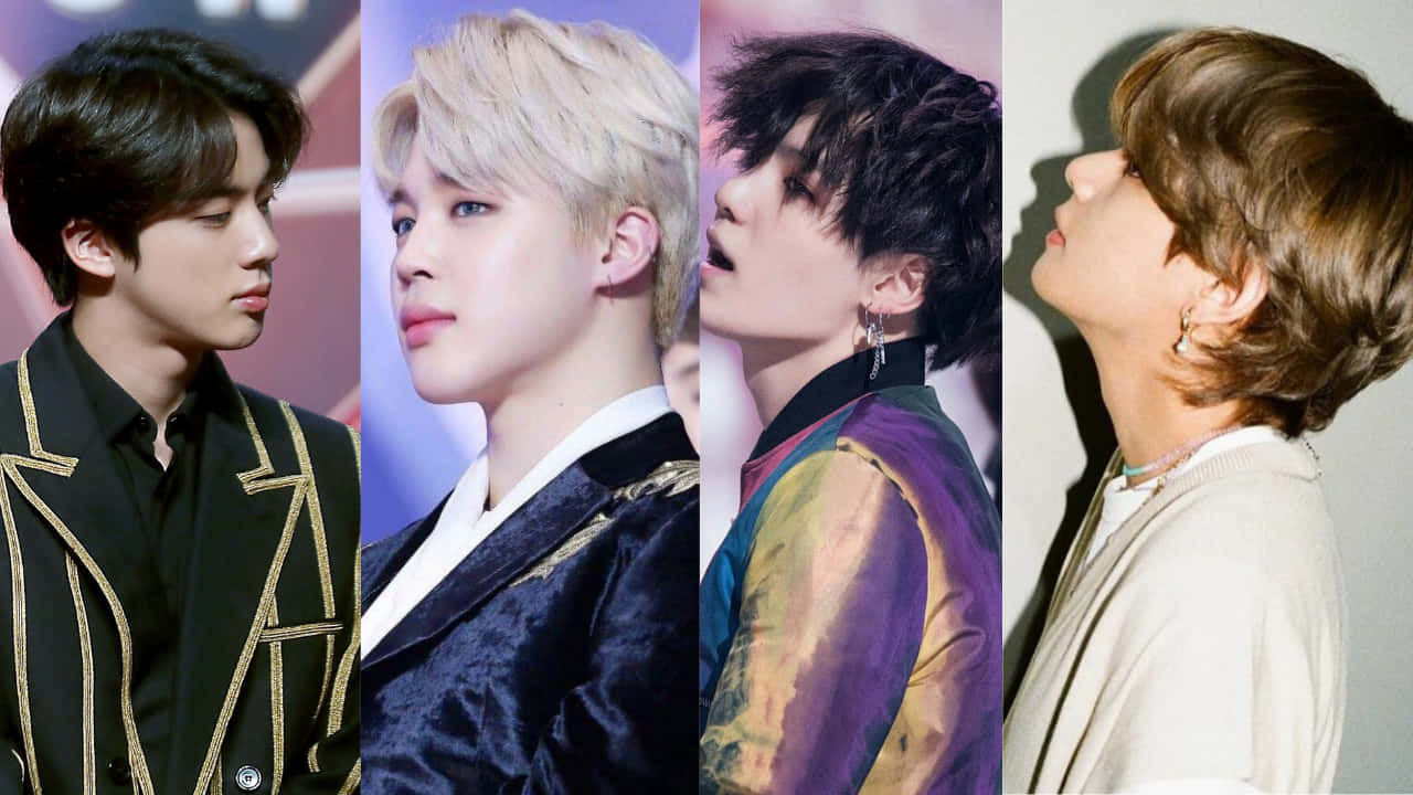 BTS 桌布 壁紙 — 四位時尚年輕男士身穿華麗服裝，在色彩繽紛的舞台燈光背景下側面擺姿勢。