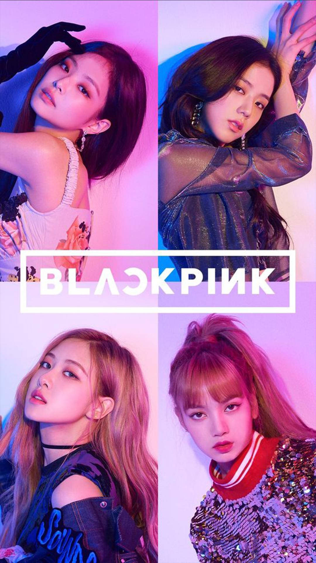 BLACKPINK 桌布 壁紙 — 四位時尚的K-pop偶像在鮮豔的粉紅色和藍色霓虹燈背景下自信地擺姿勢，燈光大膽。