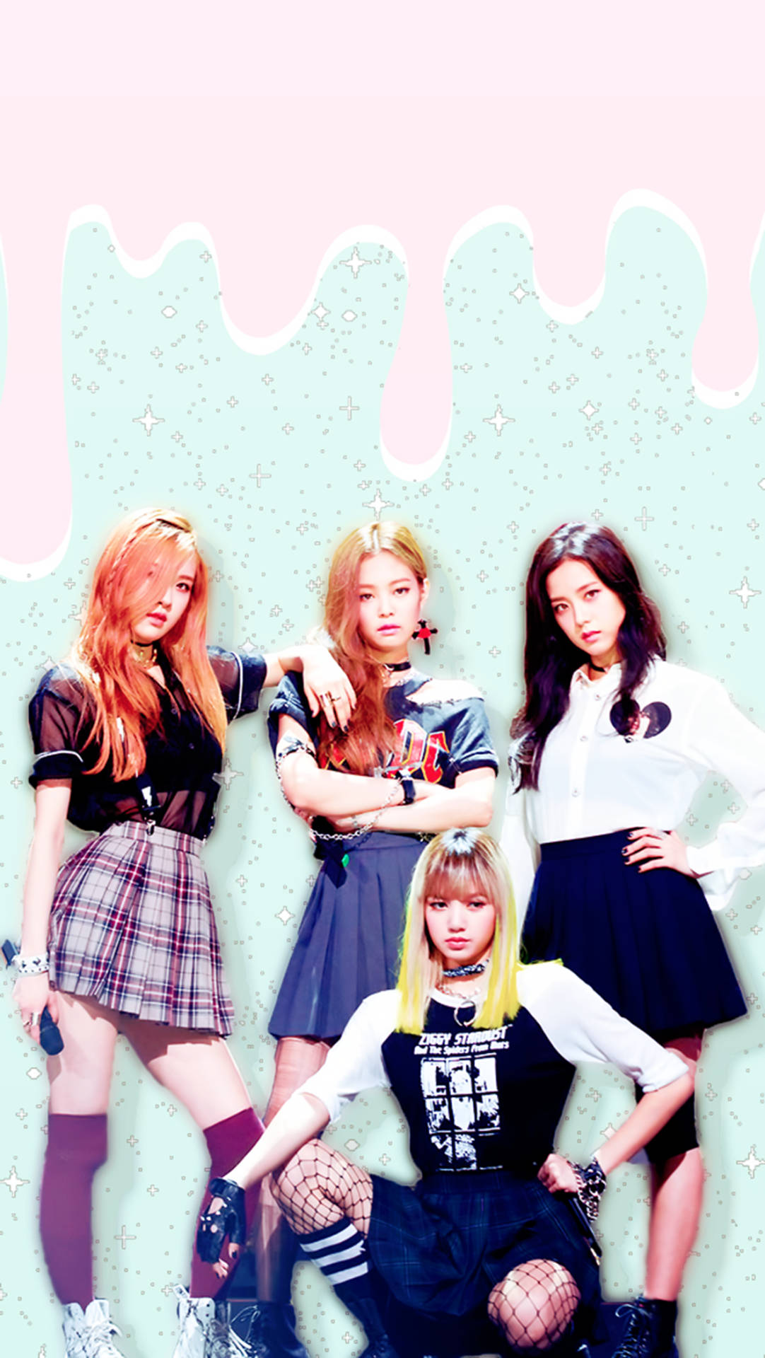 BLACKPINK 桌布 壁紙 — 四位時尚的K-pop女孩在粉紅色和薄荷綠色的滴落背景前自信地擺姿勢，背景帶有星星圖案。