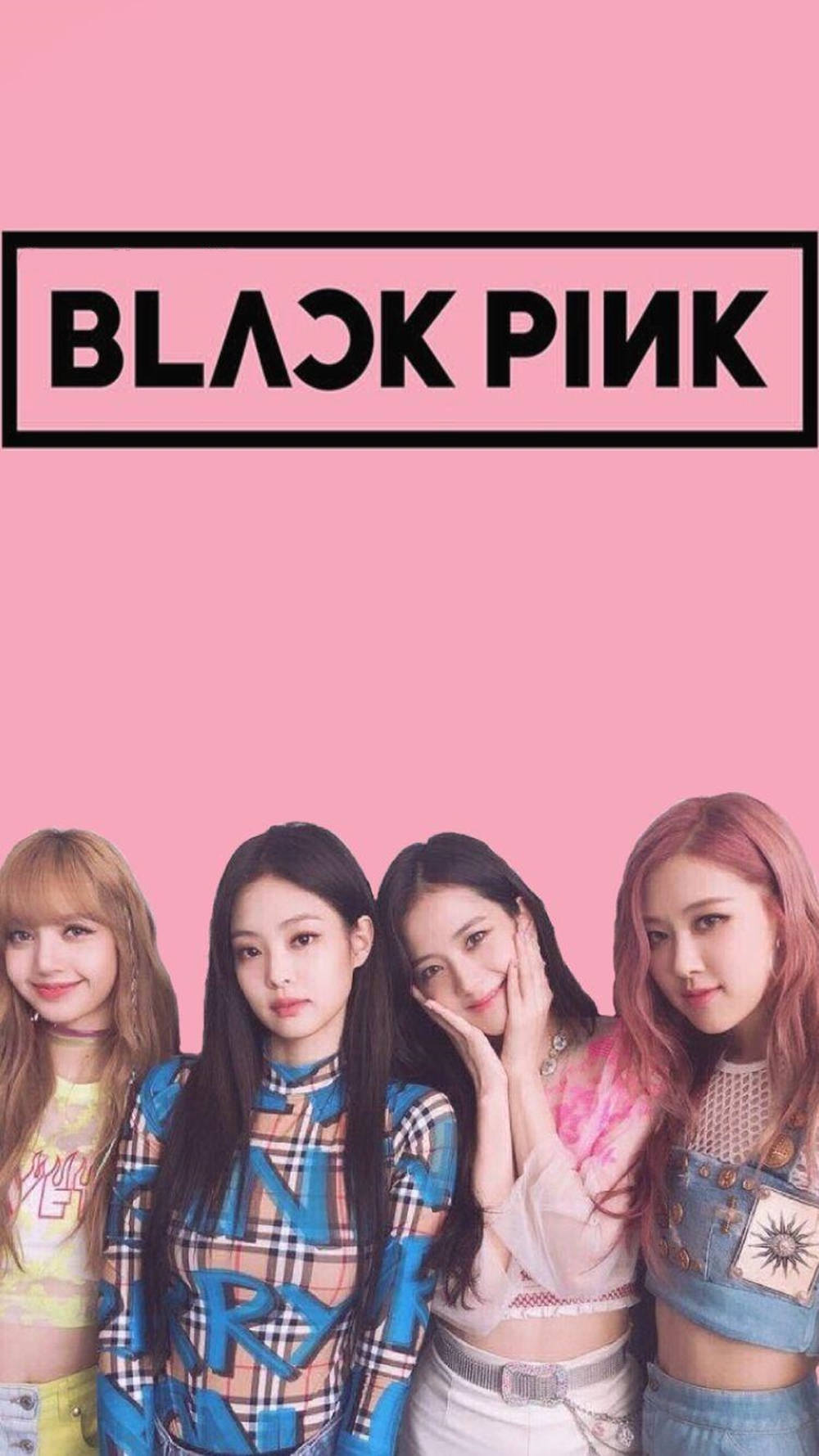 BLACKPINK 桌布 壁紙 — 四位時尚的K-pop女孩在純粉紅色背景上自信地擺姿勢，上方有粗體黑色「BLACK PINK」文字。