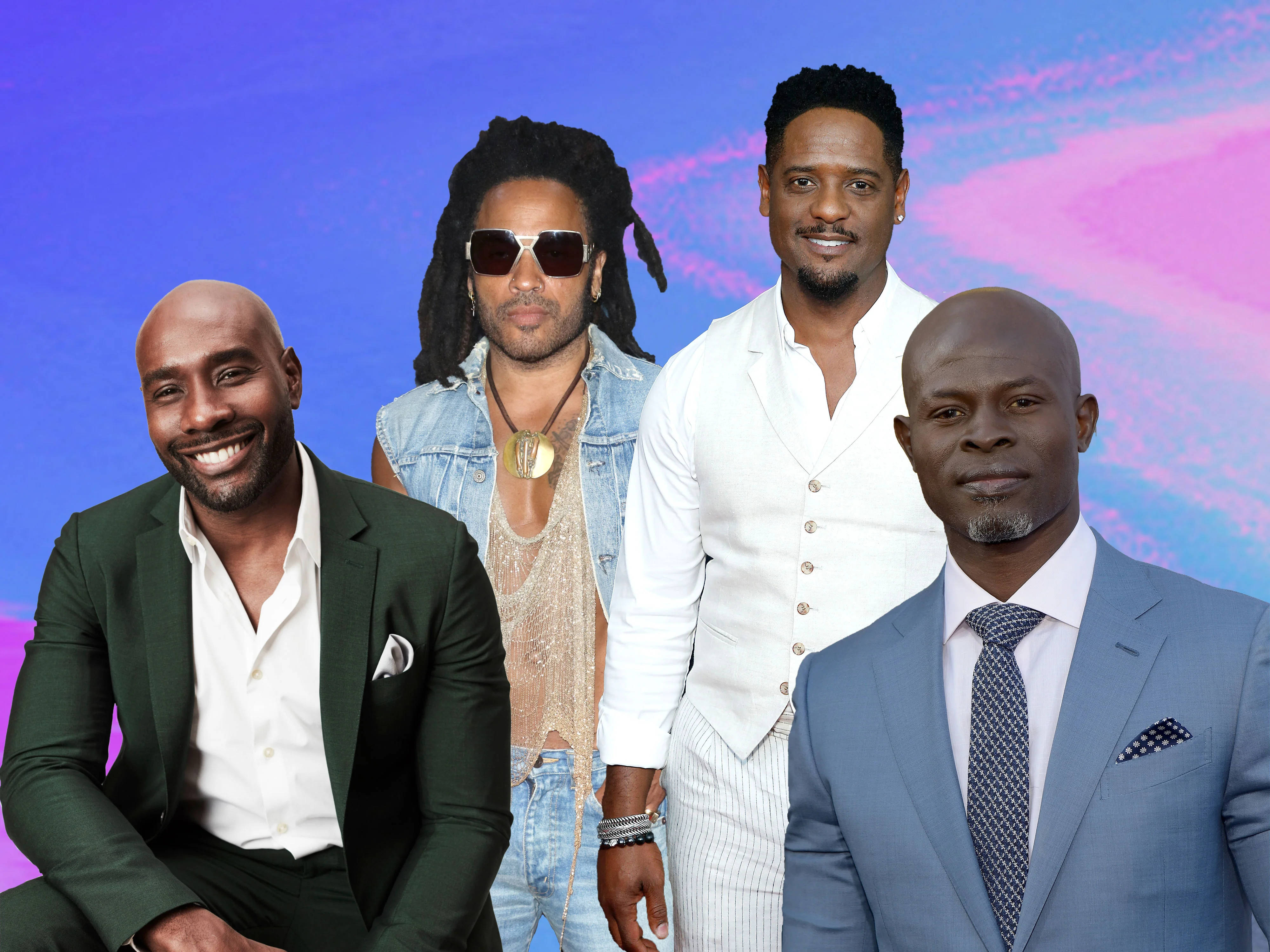 Black Man 桌布 壁紙 — 四位時尚的黑人男性在充滿活力的紫色和粉紅色漸變背景前自信地擺姿勢。