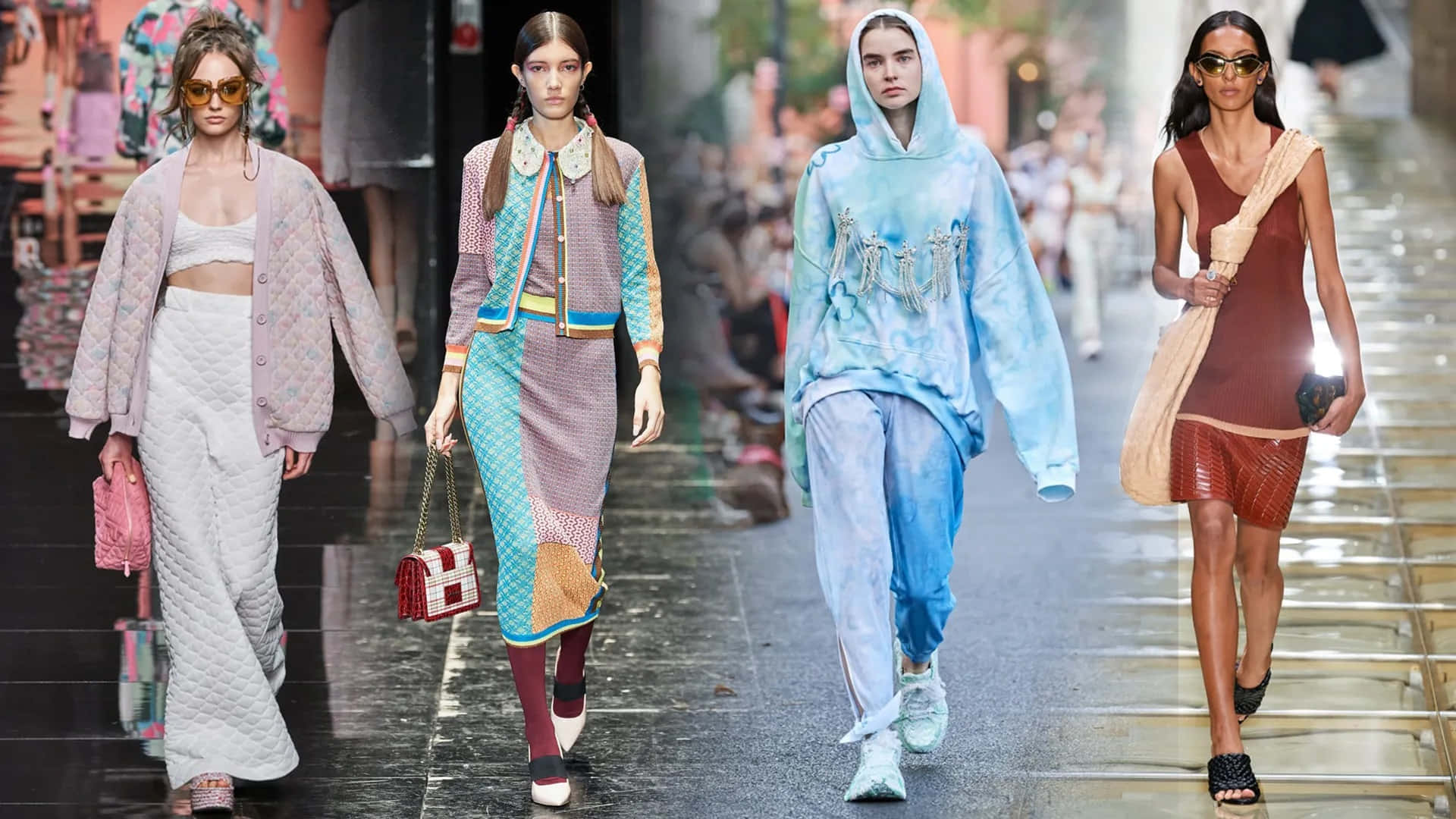 Spring Fashion 桌布 壁紙 — 四位時裝模特兒在明亮的表演燈光下自信地走在光亮的伸展台上，展示不拘一格的 avant-garde 服裝。